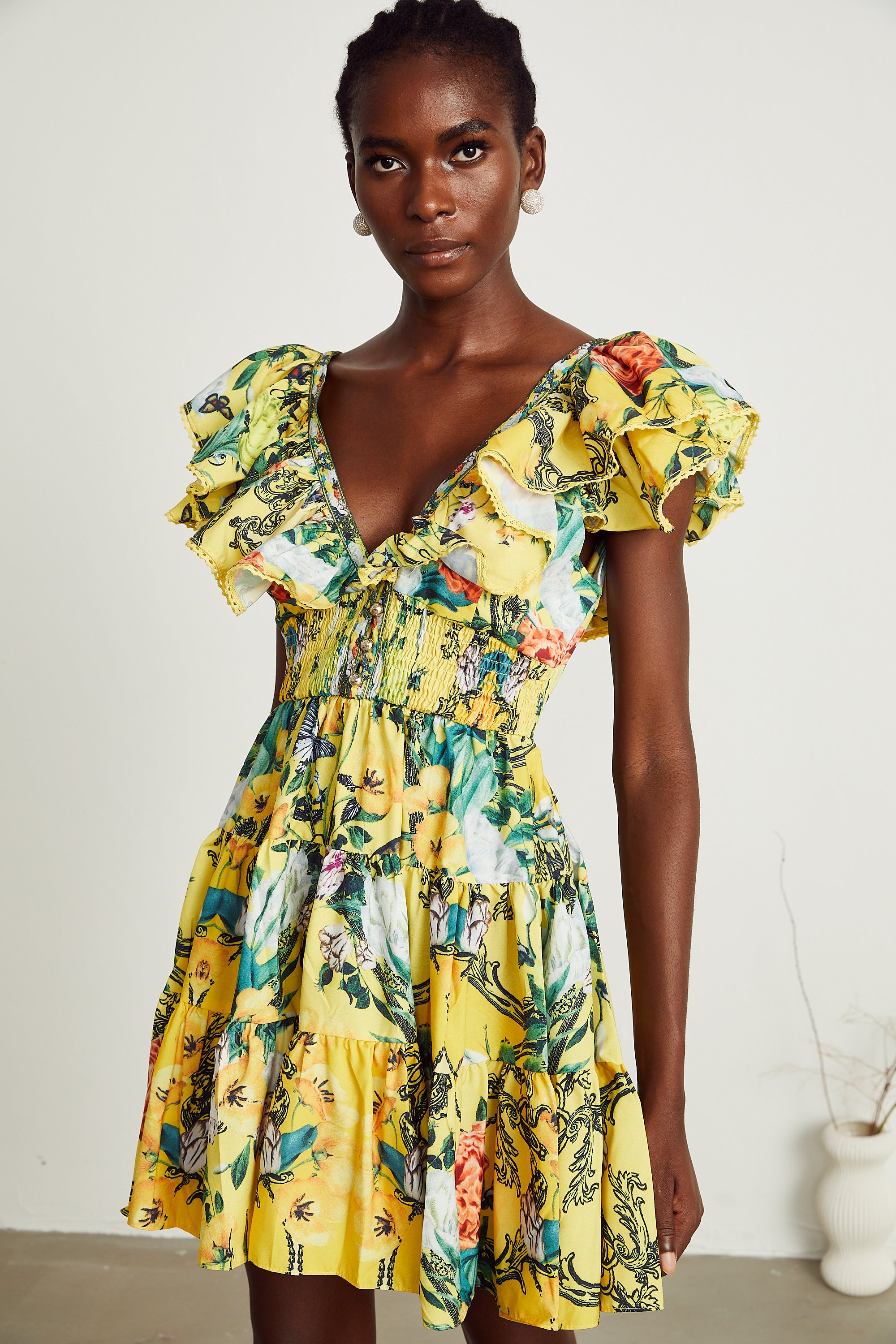 Saige ruffled floral-print mini dress in Yellow