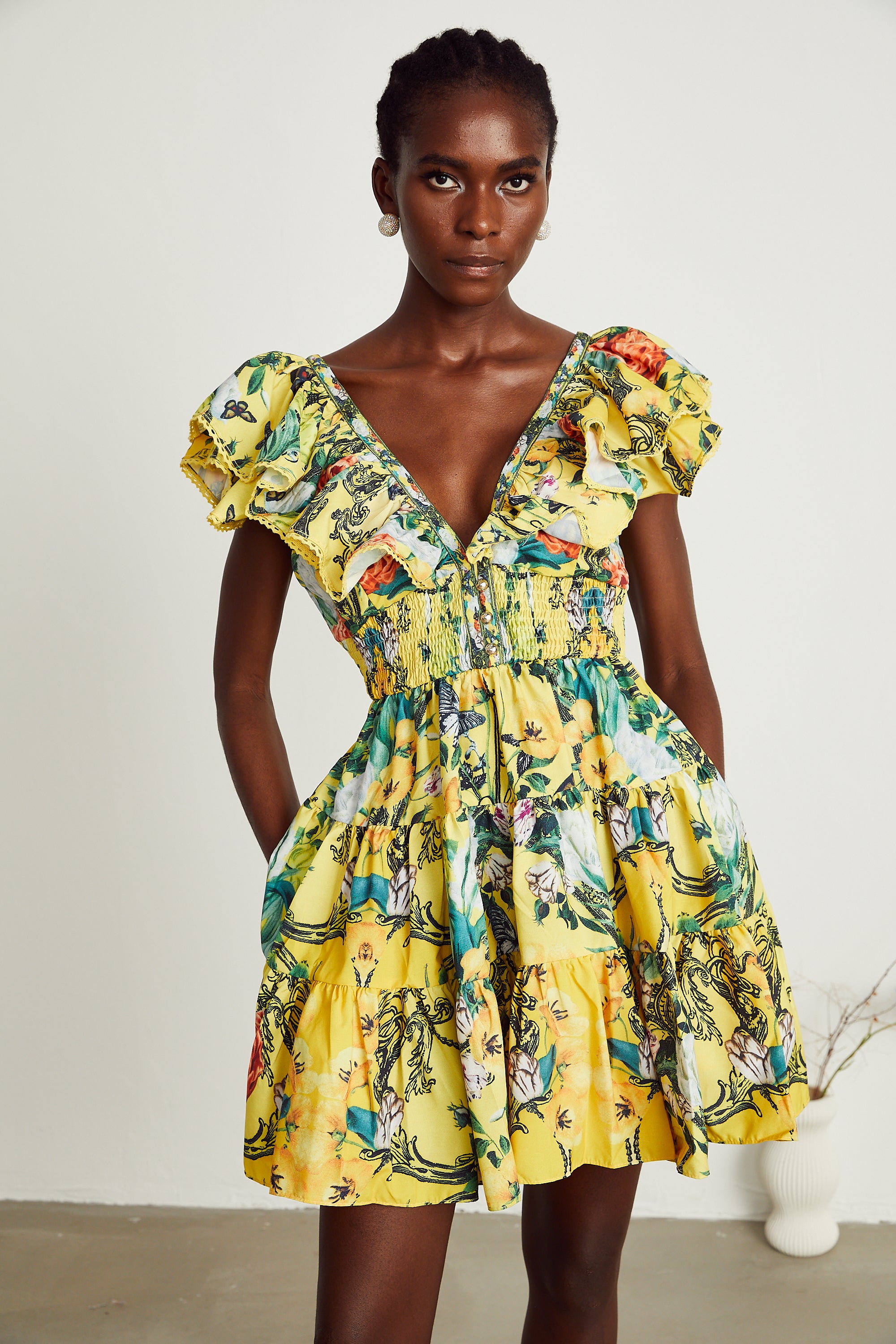 Saige ruffled floral-print mini dress in Yellow