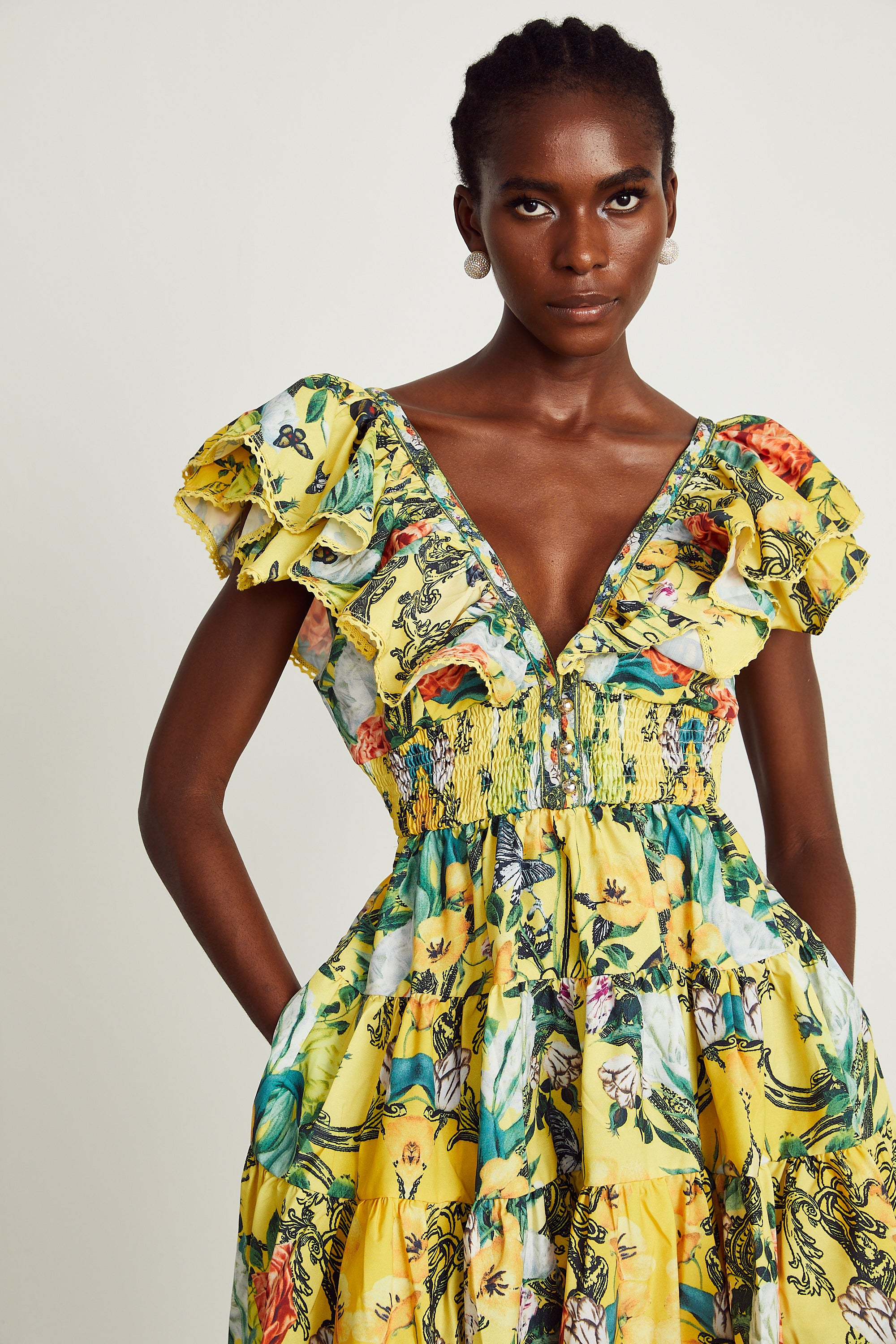 Saige ruffled floral-print mini dress in Yellow