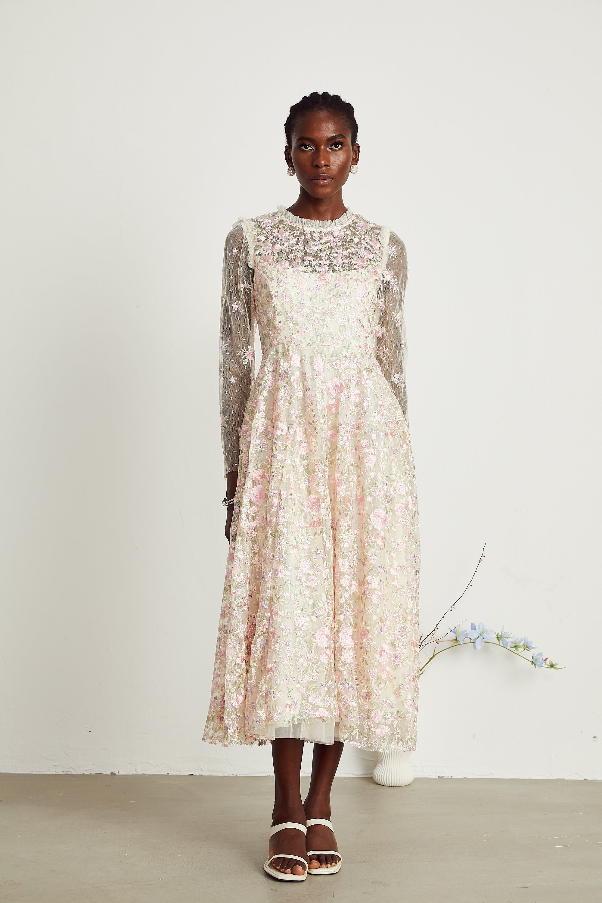 Lucie floral embroidered tulle midi dress