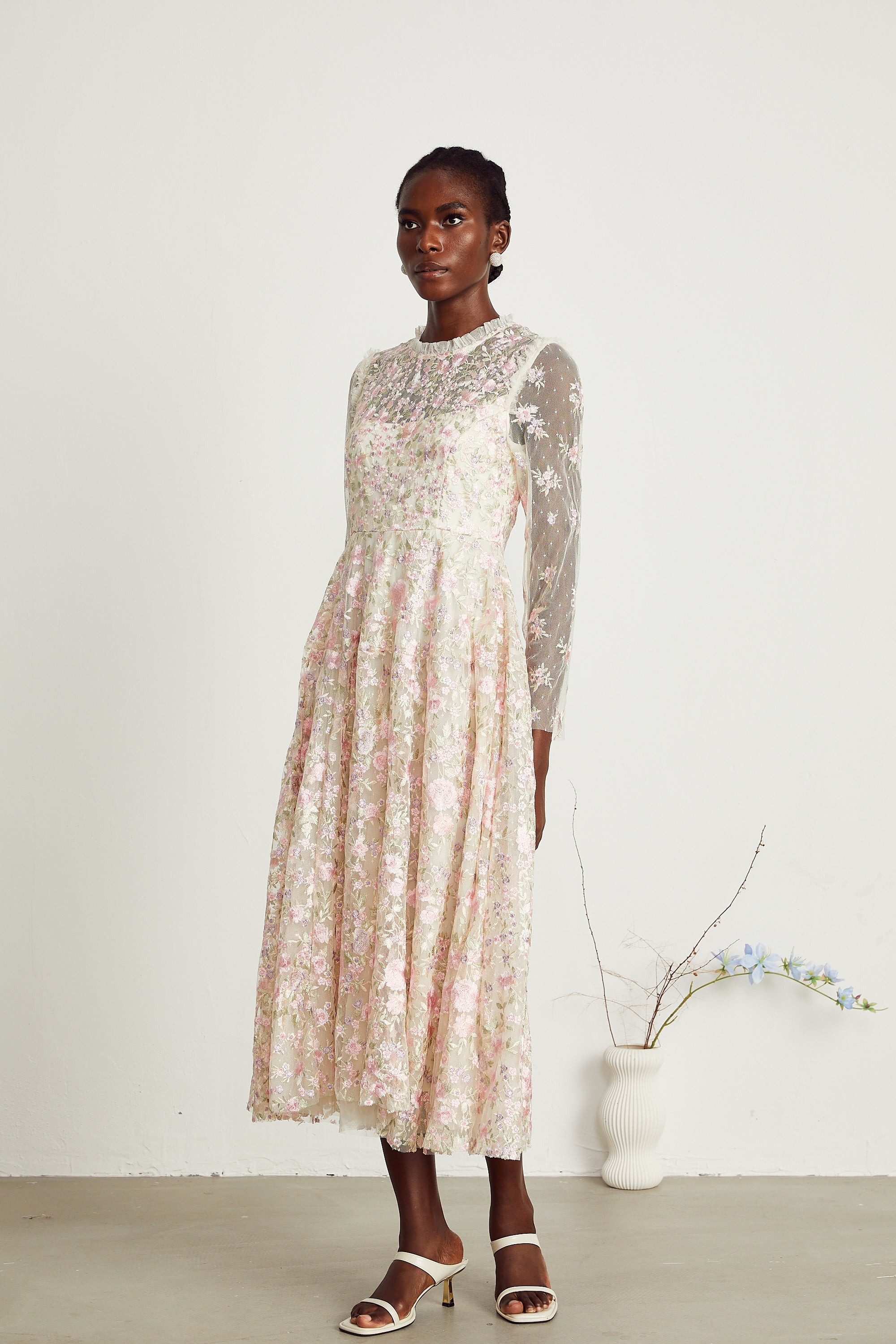 Lucie floral embroidered tulle midi dress