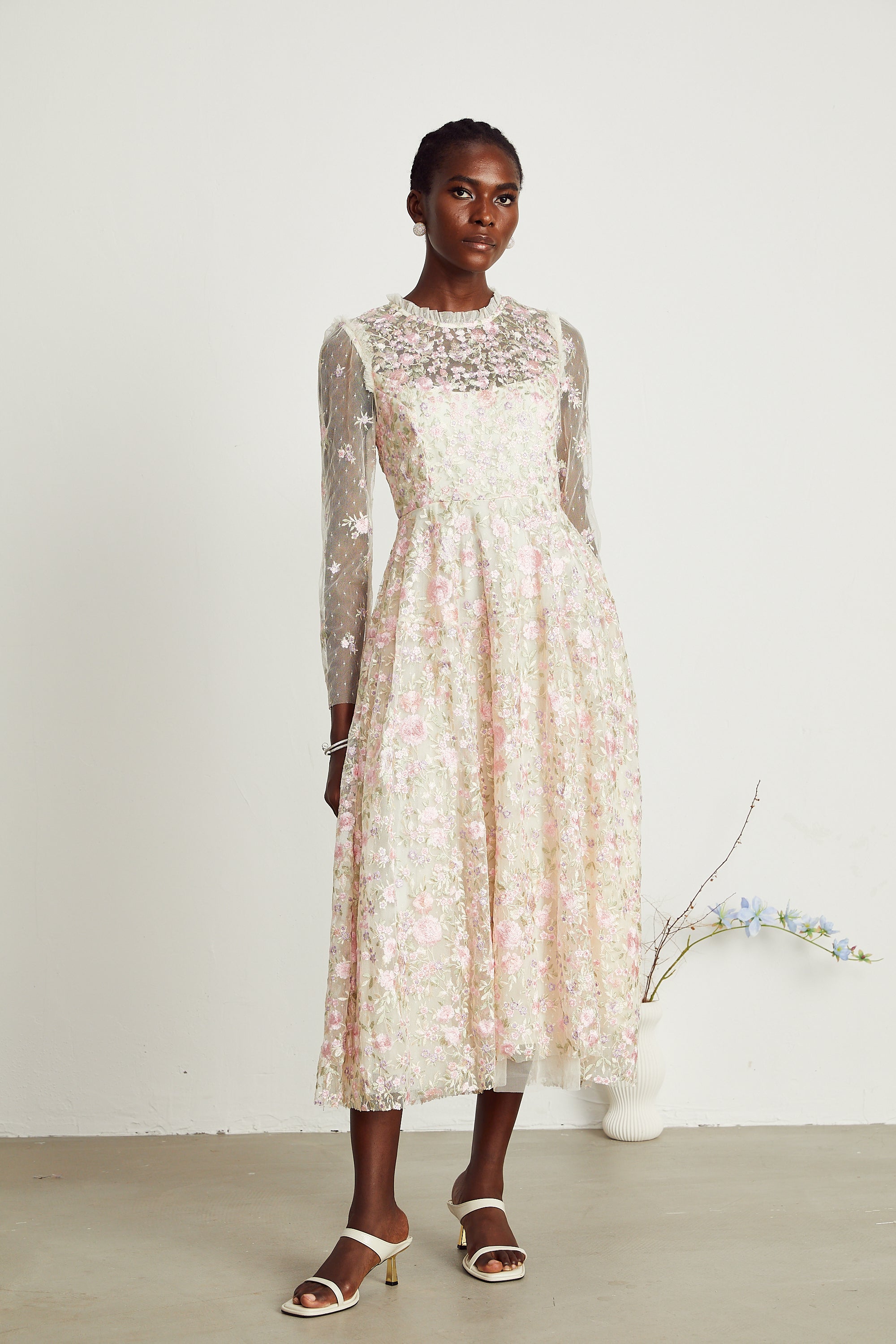 Lucie floral embroidered tulle midi dress