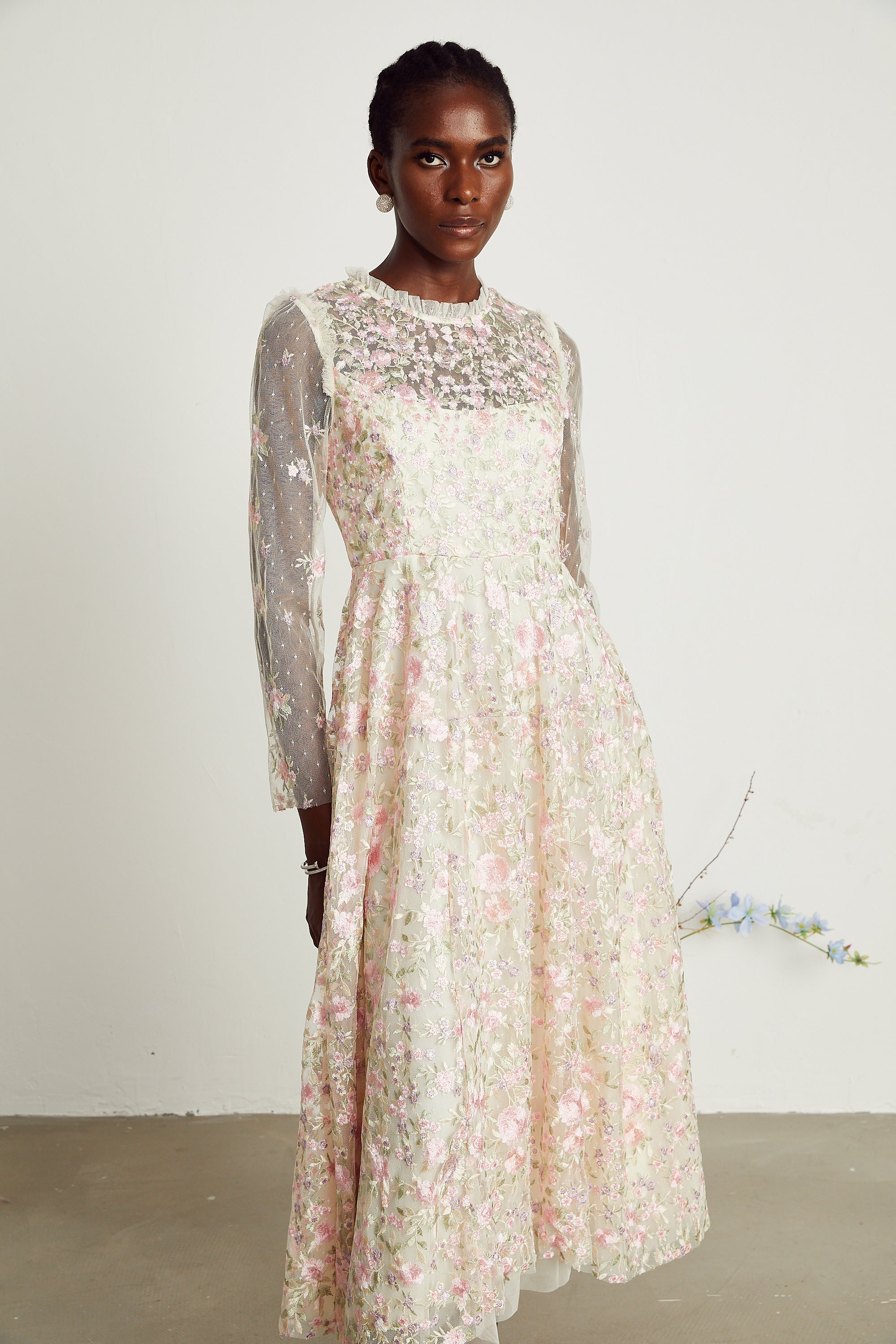 Lucie floral embroidered tulle midi dress