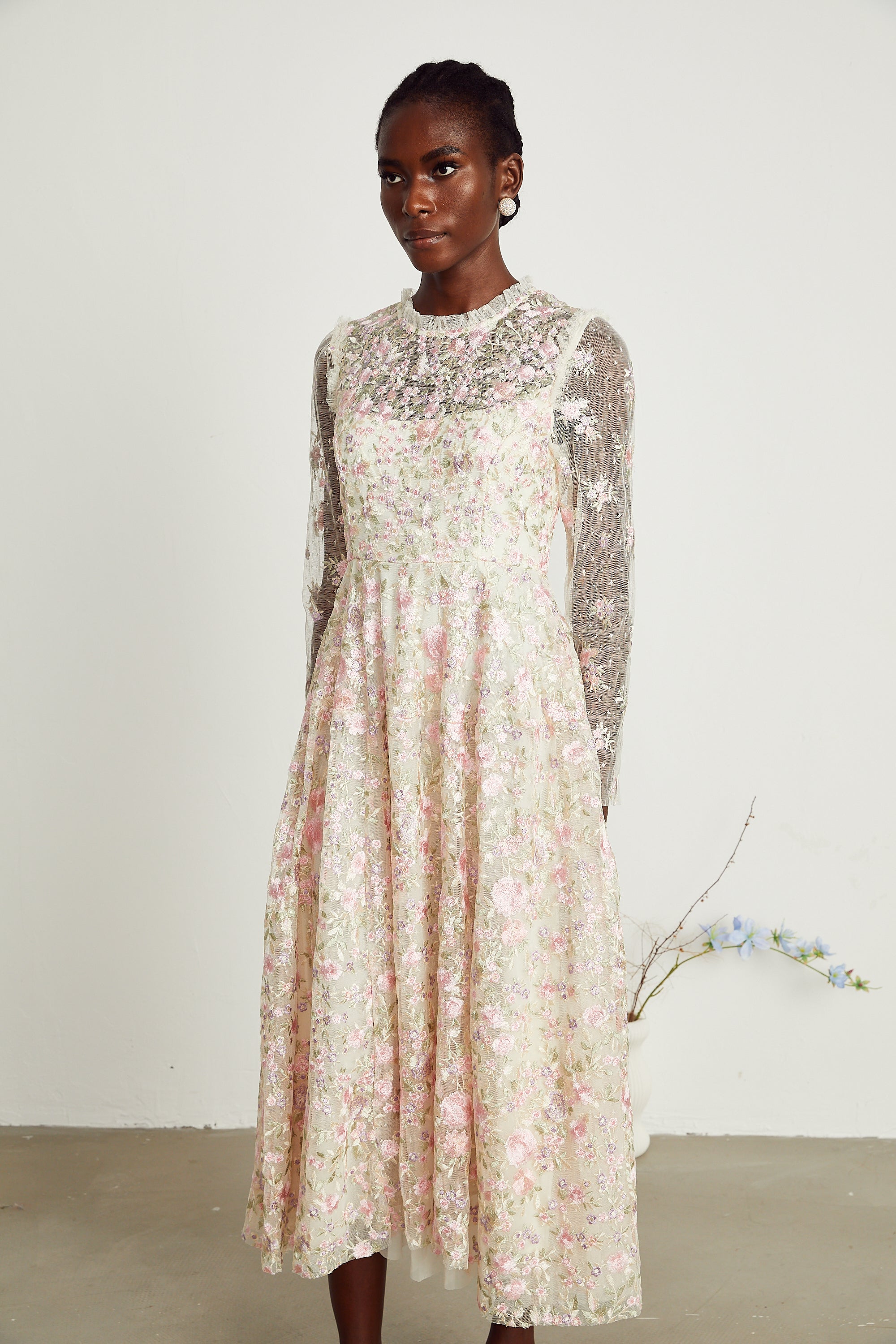 Lucie floral embroidered tulle midi dress