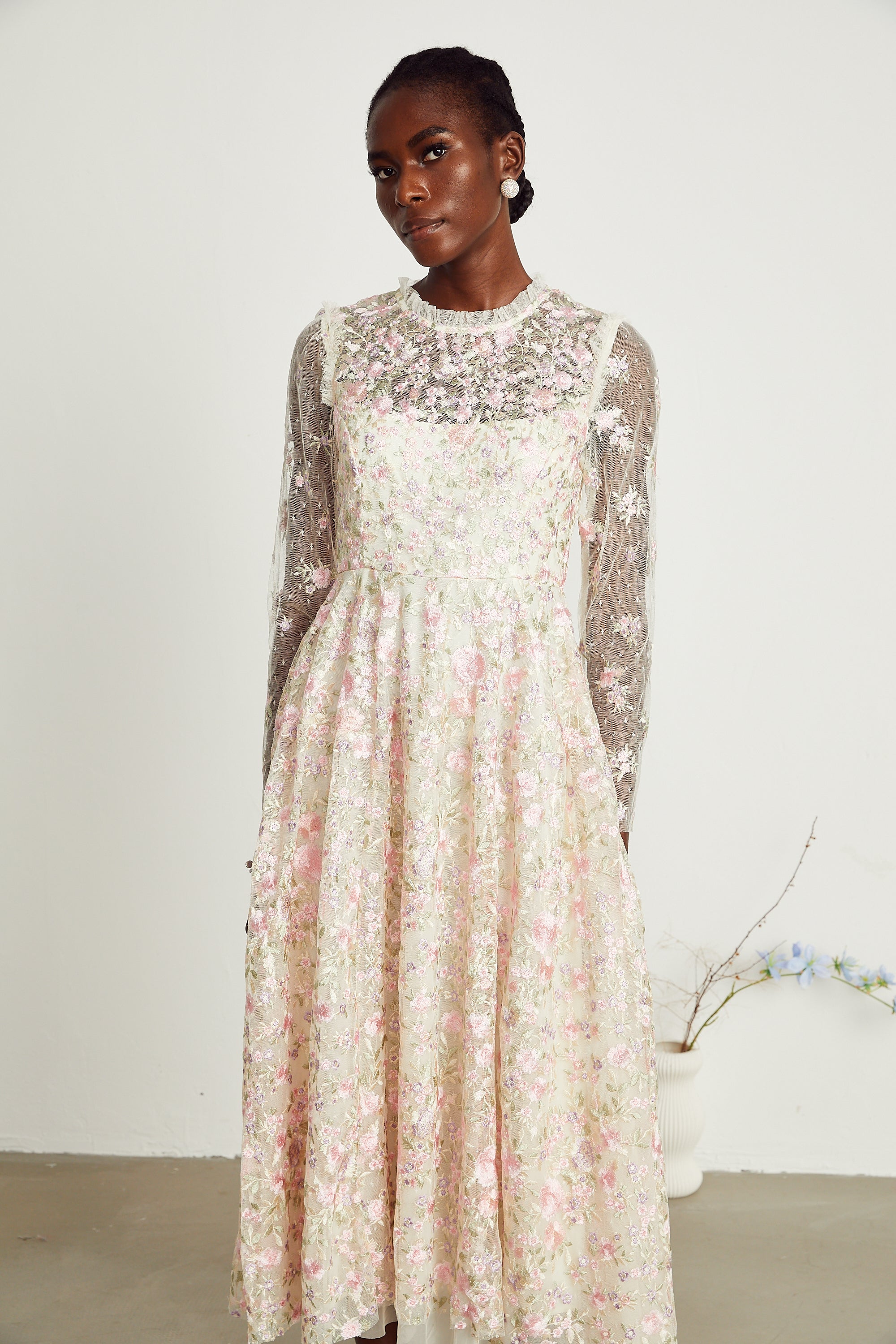 Lucie floral embroidered tulle midi dress