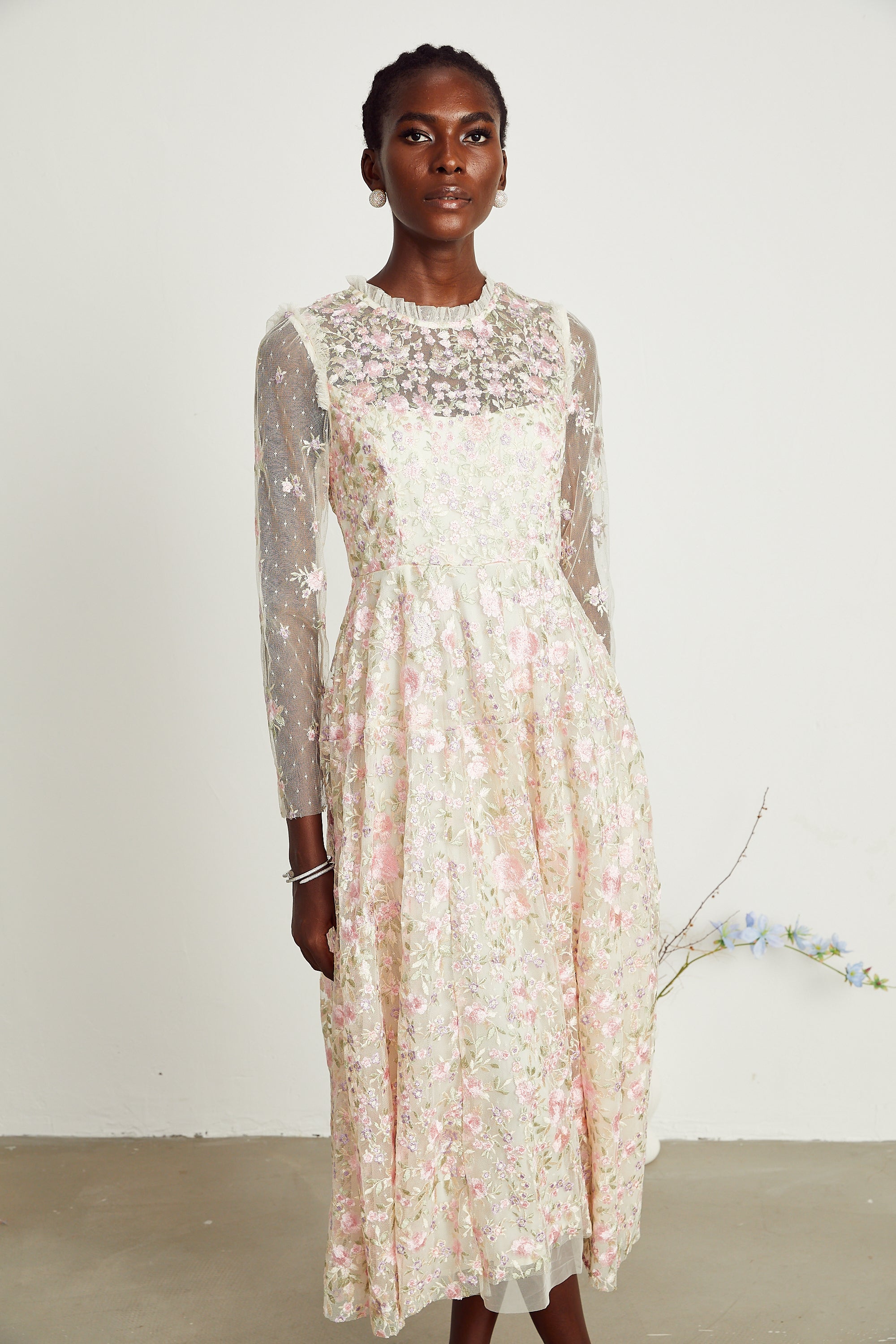 Lucie floral embroidered tulle midi dress