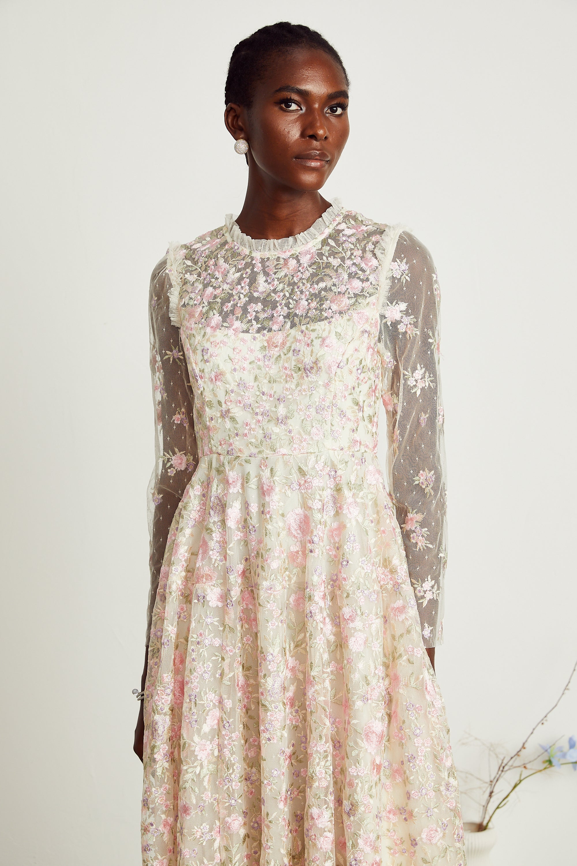 Lucie floral embroidered tulle midi dress