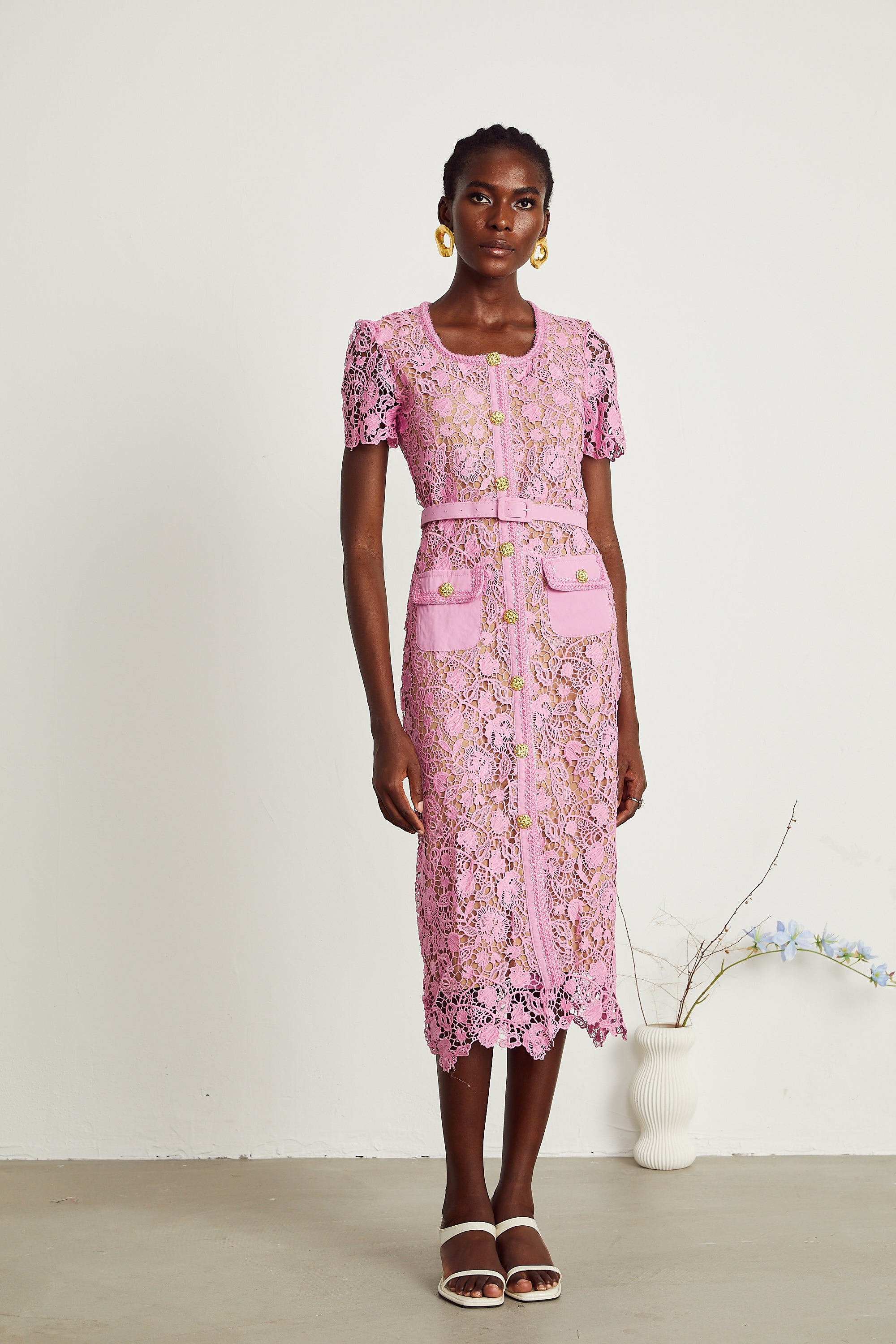 Anastasie pink lace-overlay midi dress