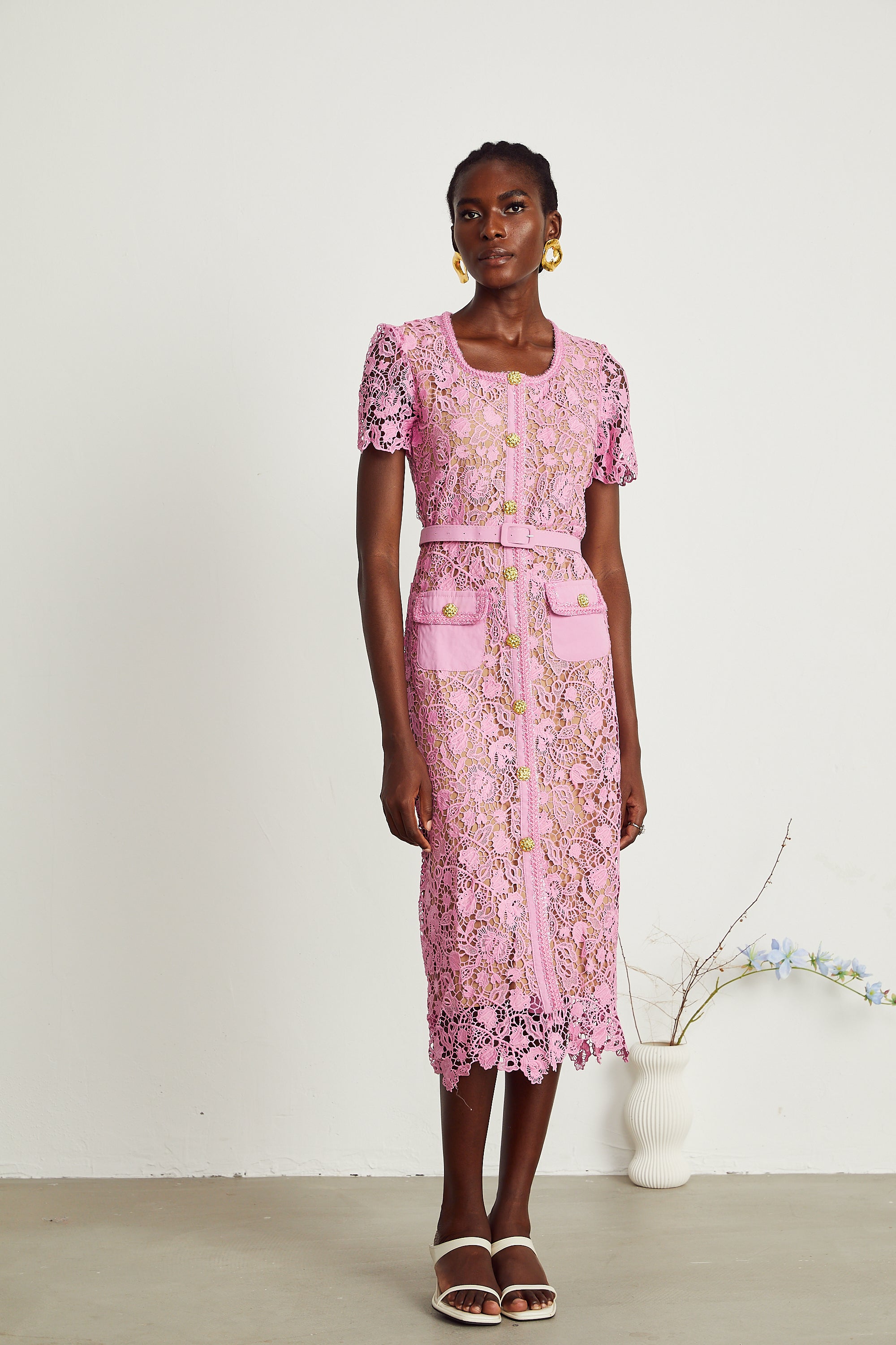 Anastasie pink lace-overlay midi dress