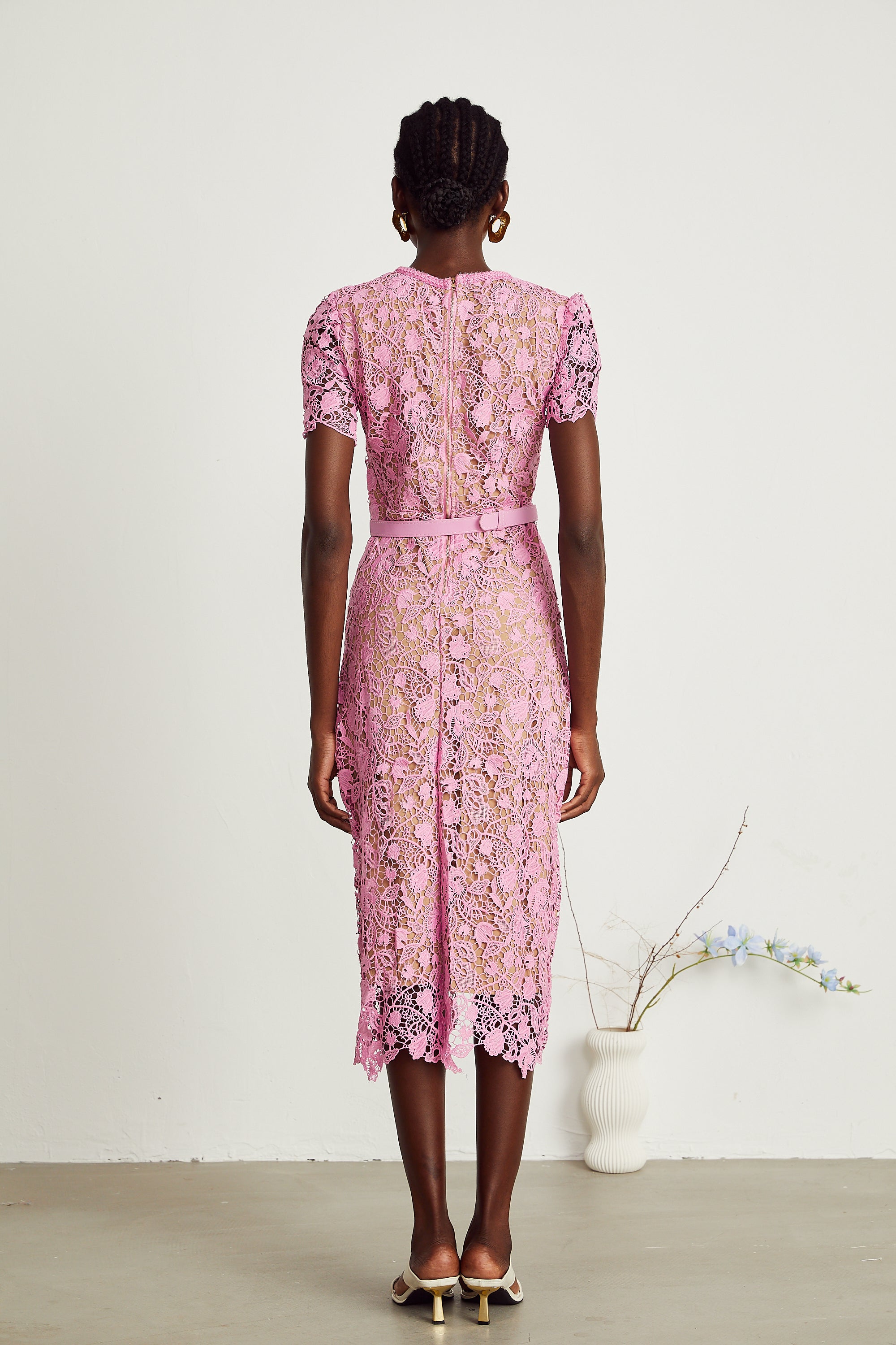 Anastasie pink lace-overlay midi dress