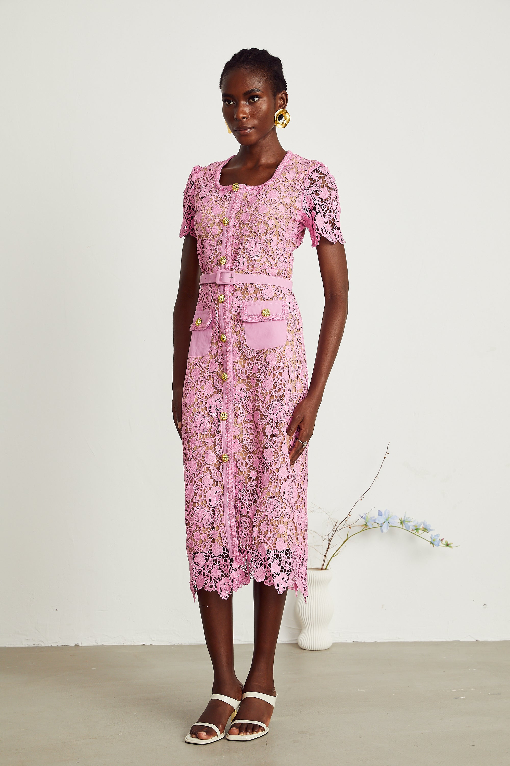 Anastasie pink lace-overlay midi dress