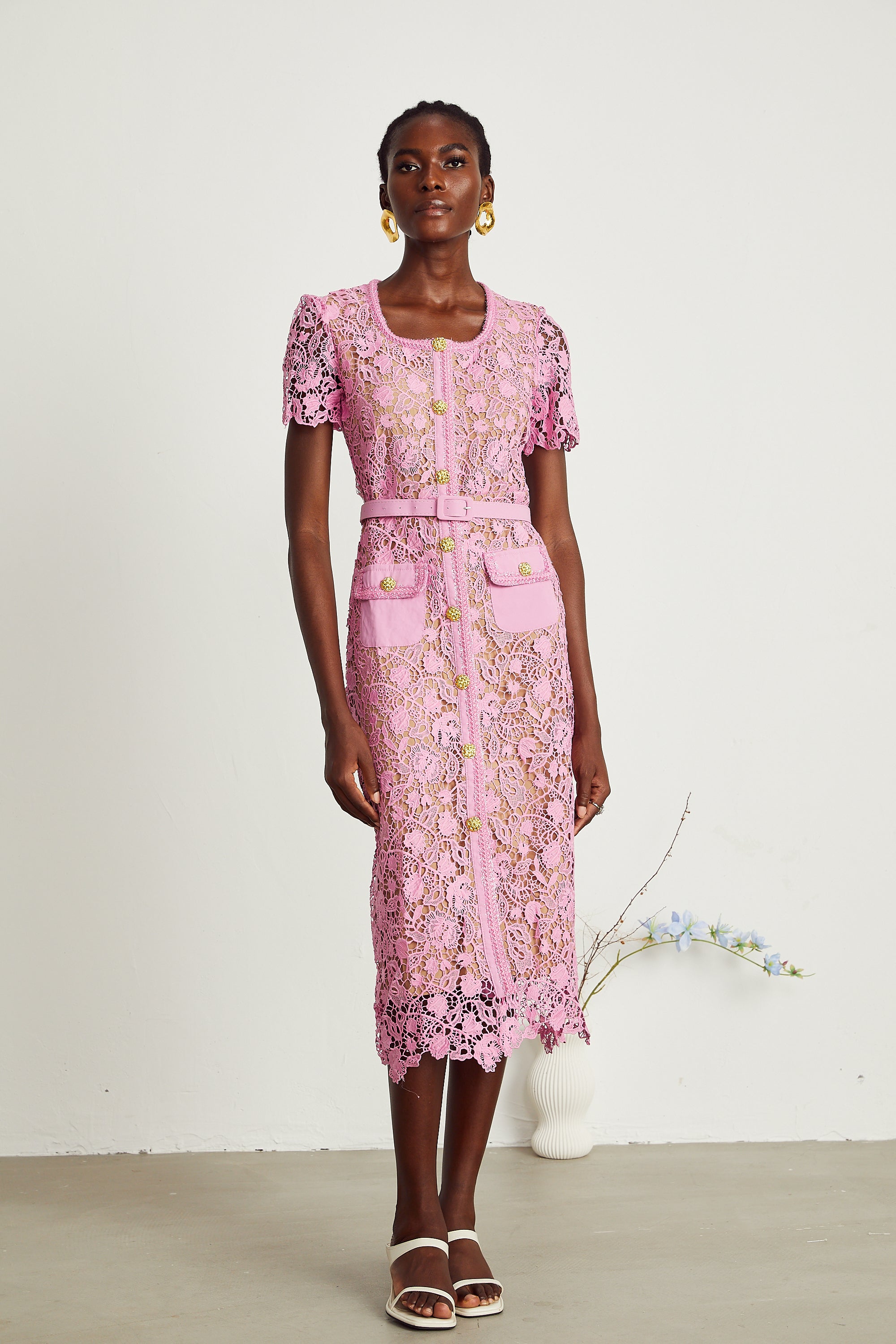 Anastasie pink lace-overlay midi dress