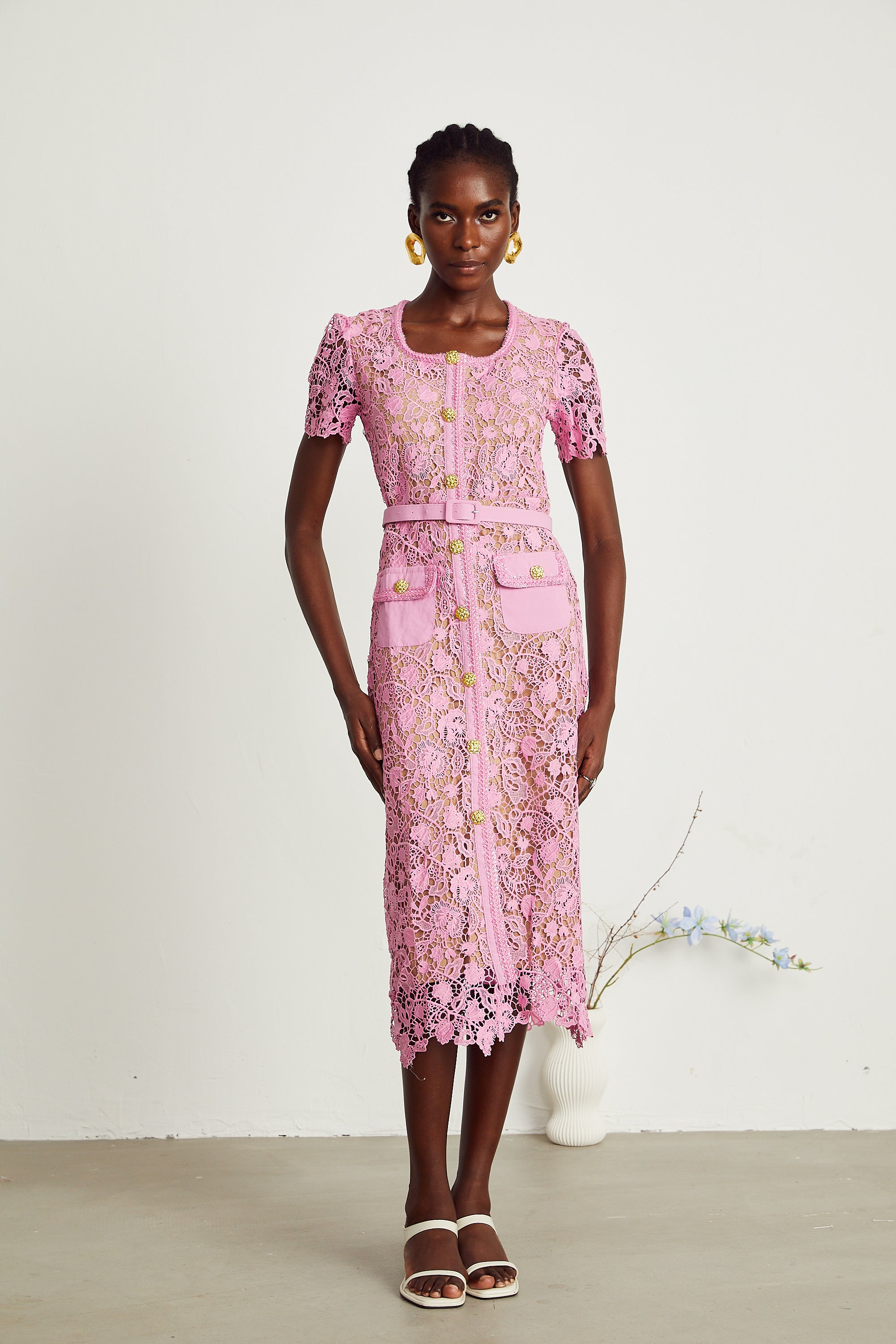 Anastasie pink lace-overlay midi dress