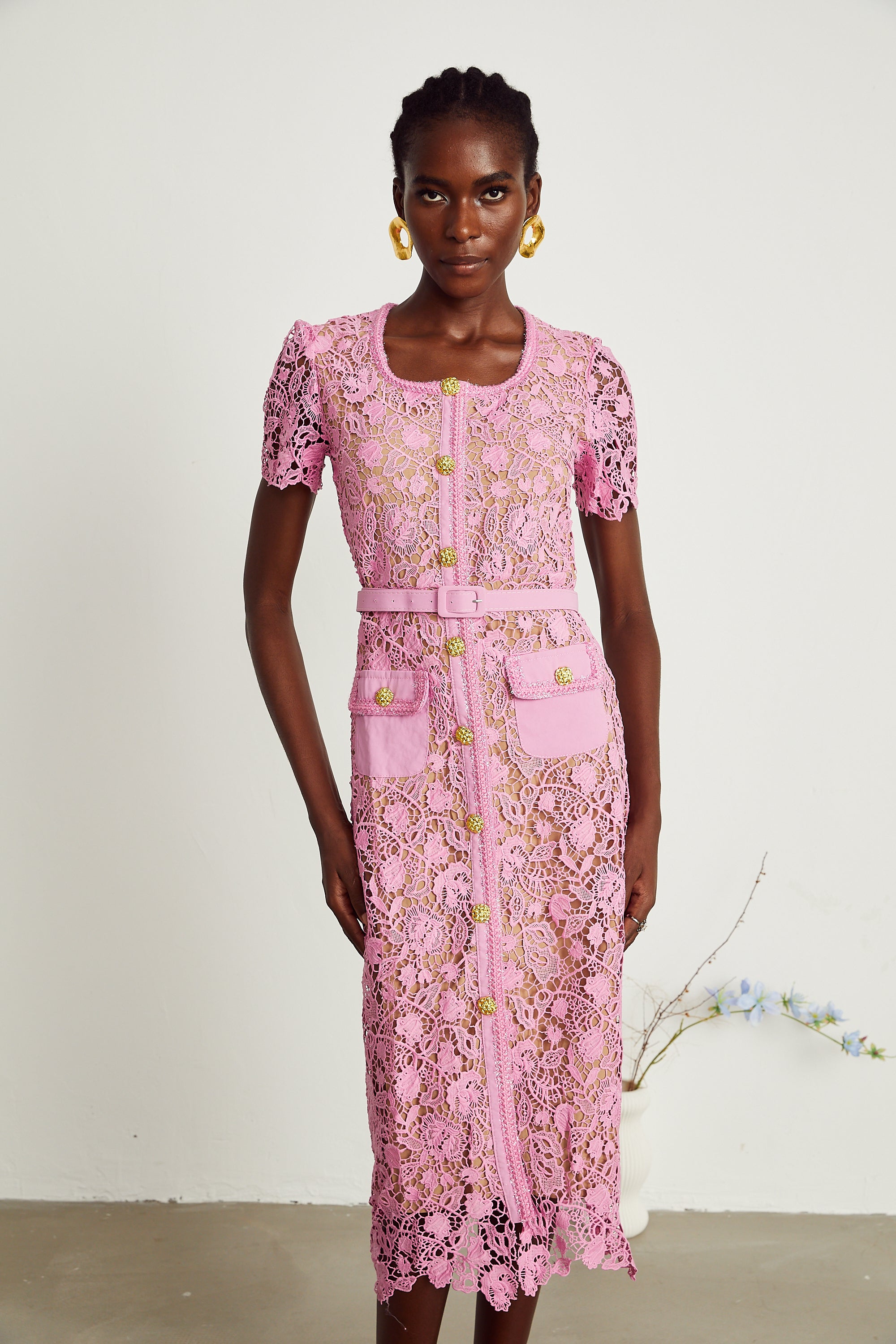 Anastasie pink lace-overlay midi dress