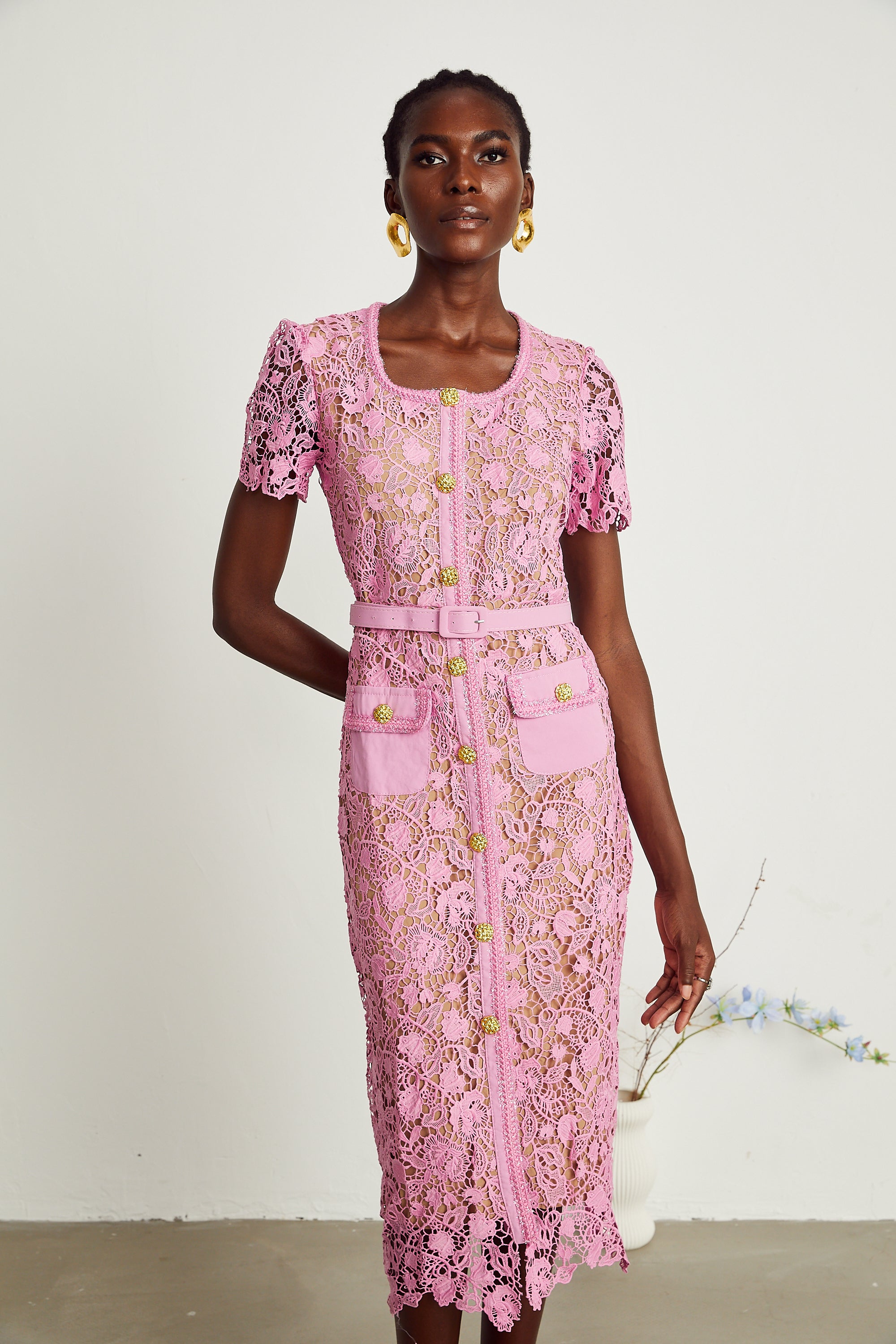 Anastasie pink lace-overlay midi dress