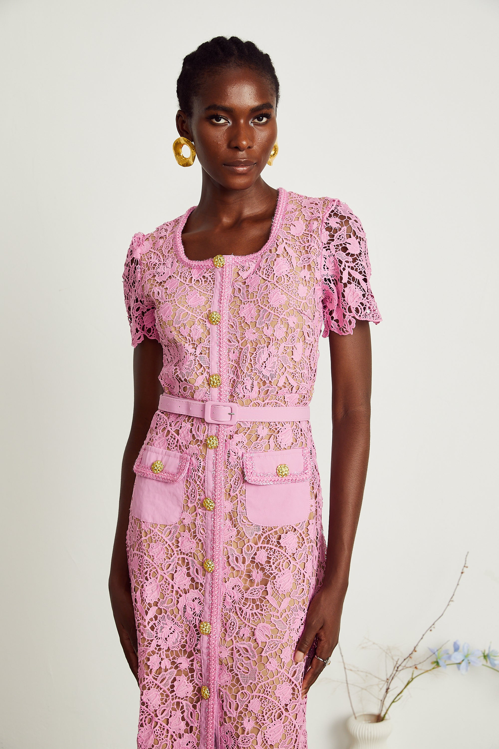 Anastasie pink lace-overlay midi dress