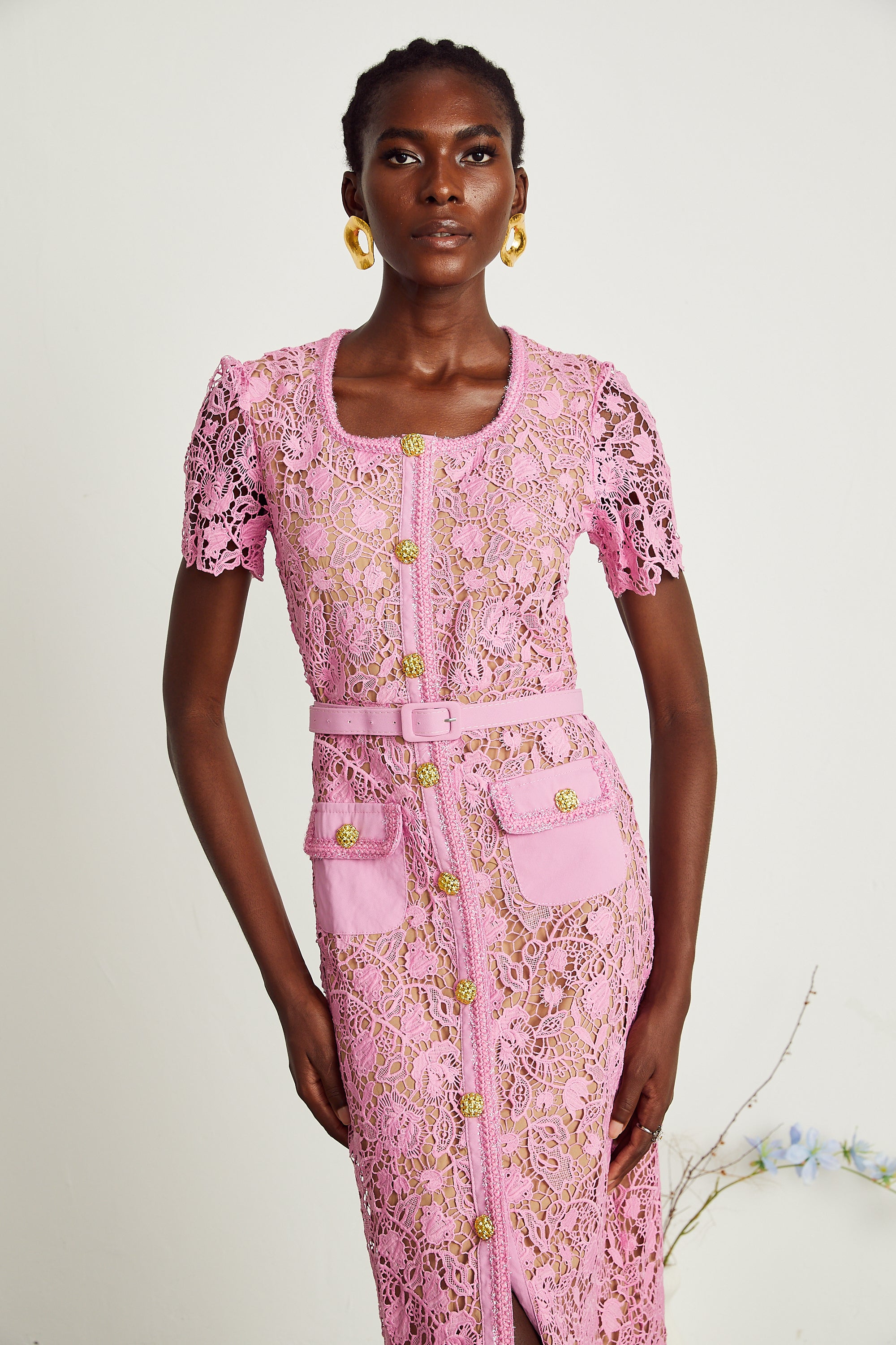 Anastasie pink lace-overlay midi dress