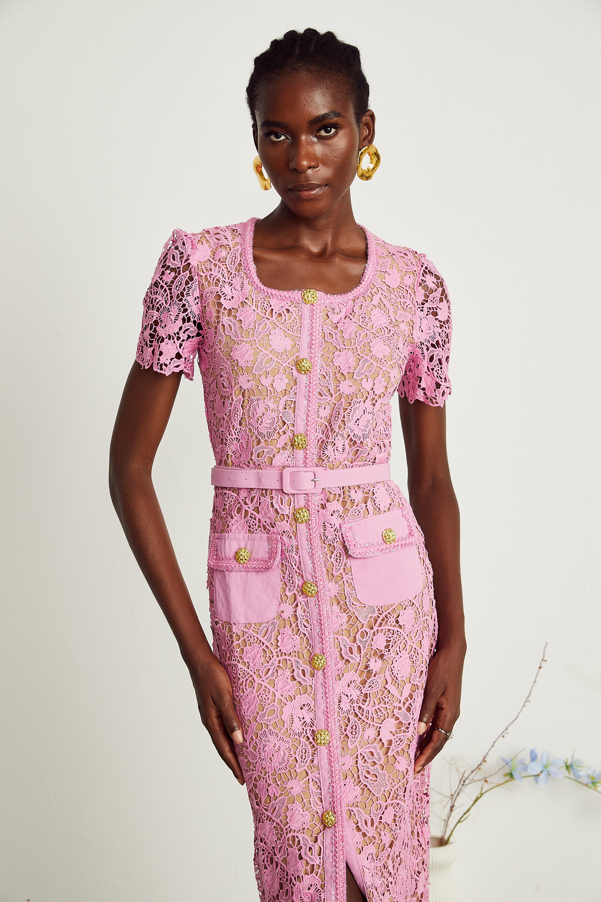 Anastasie pink lace-overlay midi dress