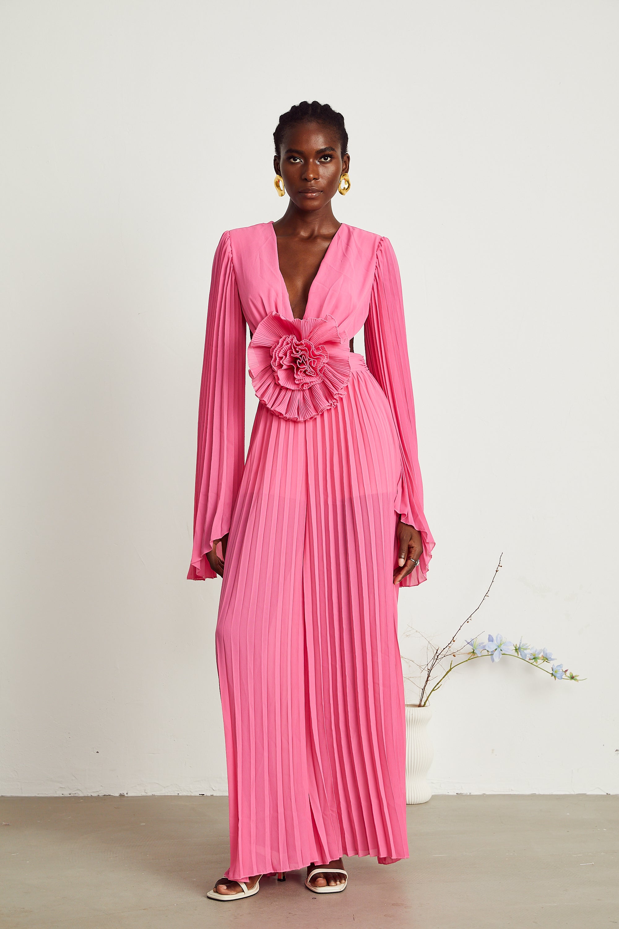 Léa pink faux-flower pleated maxi dress