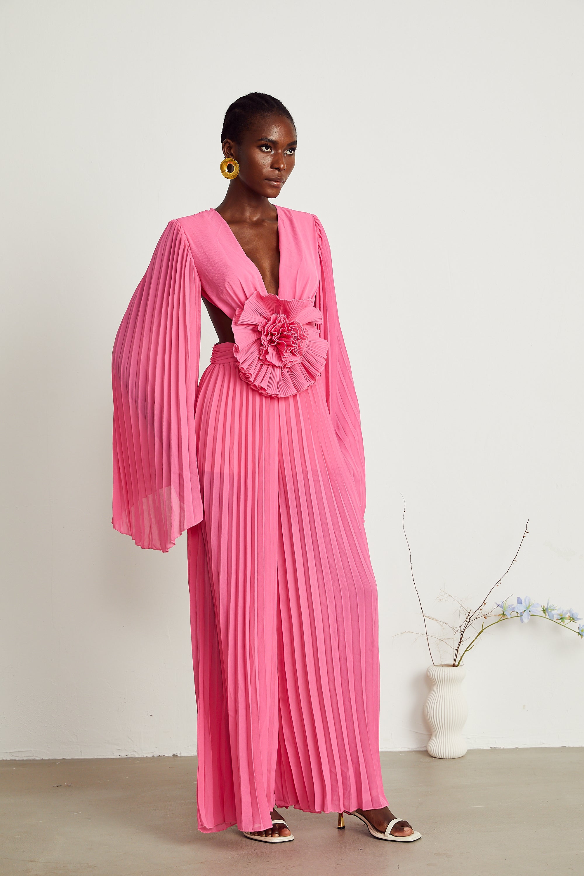 Léa pink faux-flower pleated maxi dress