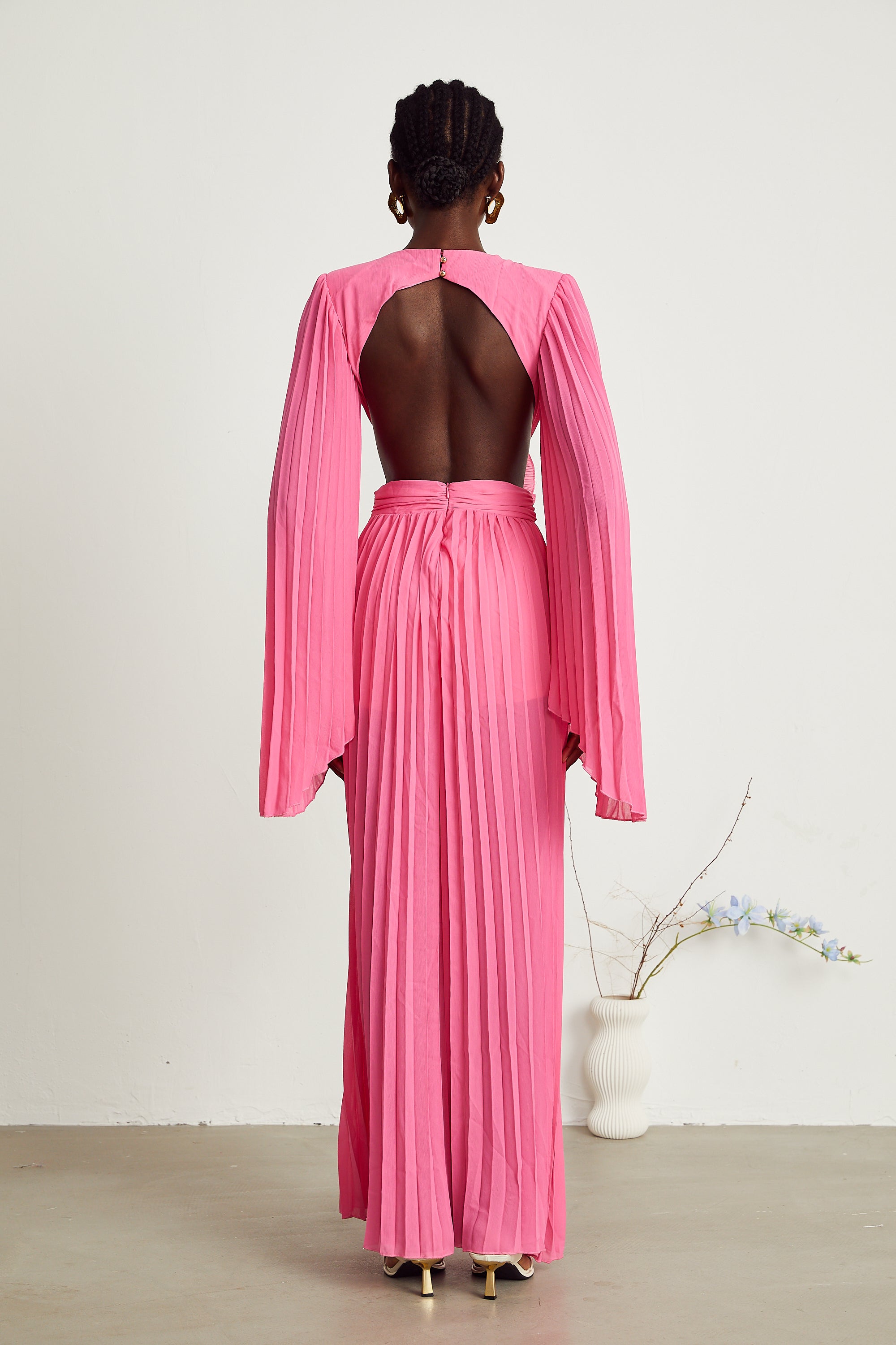 Léa pink faux-flower pleated maxi dress