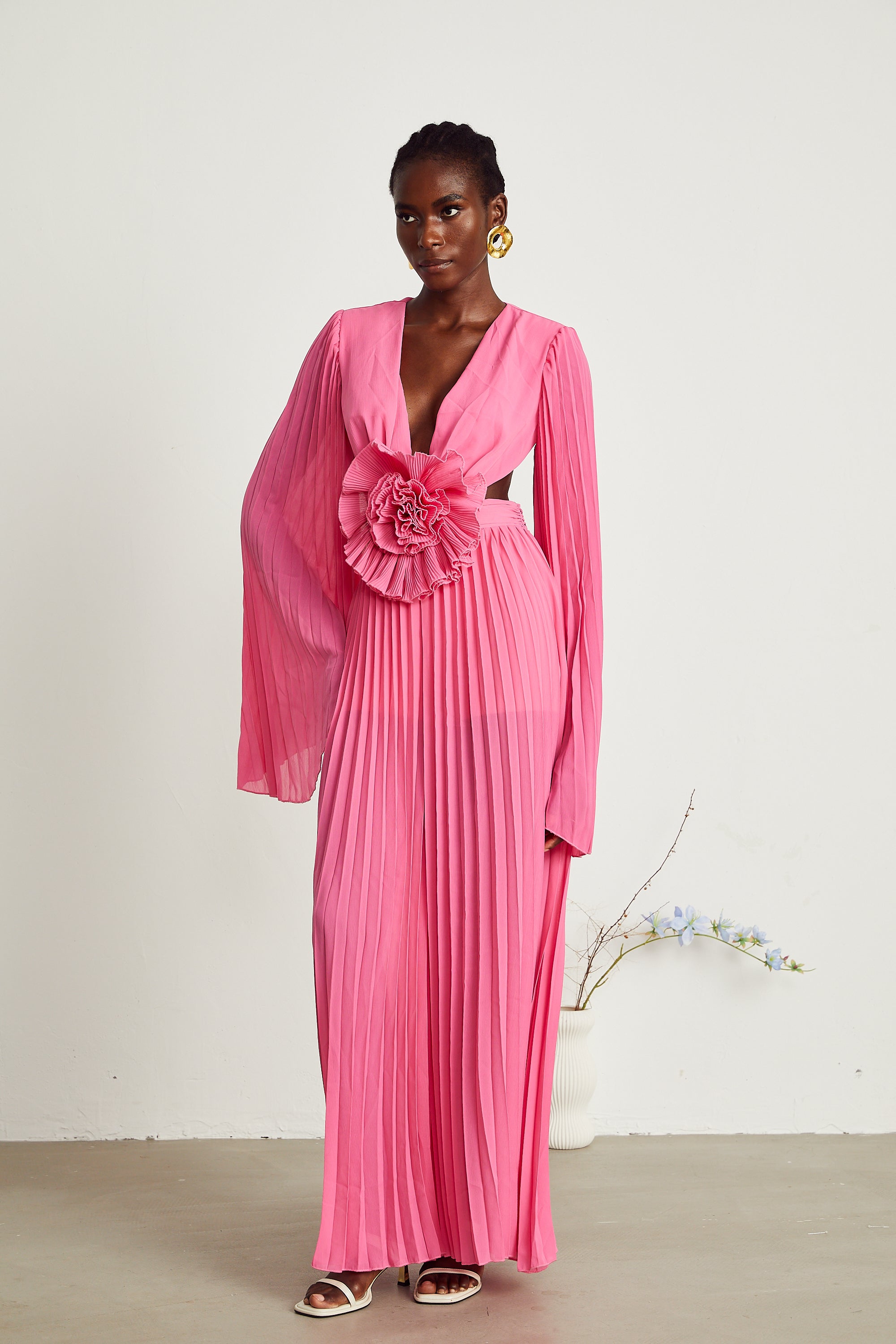 Léa pink faux-flower pleated maxi dress