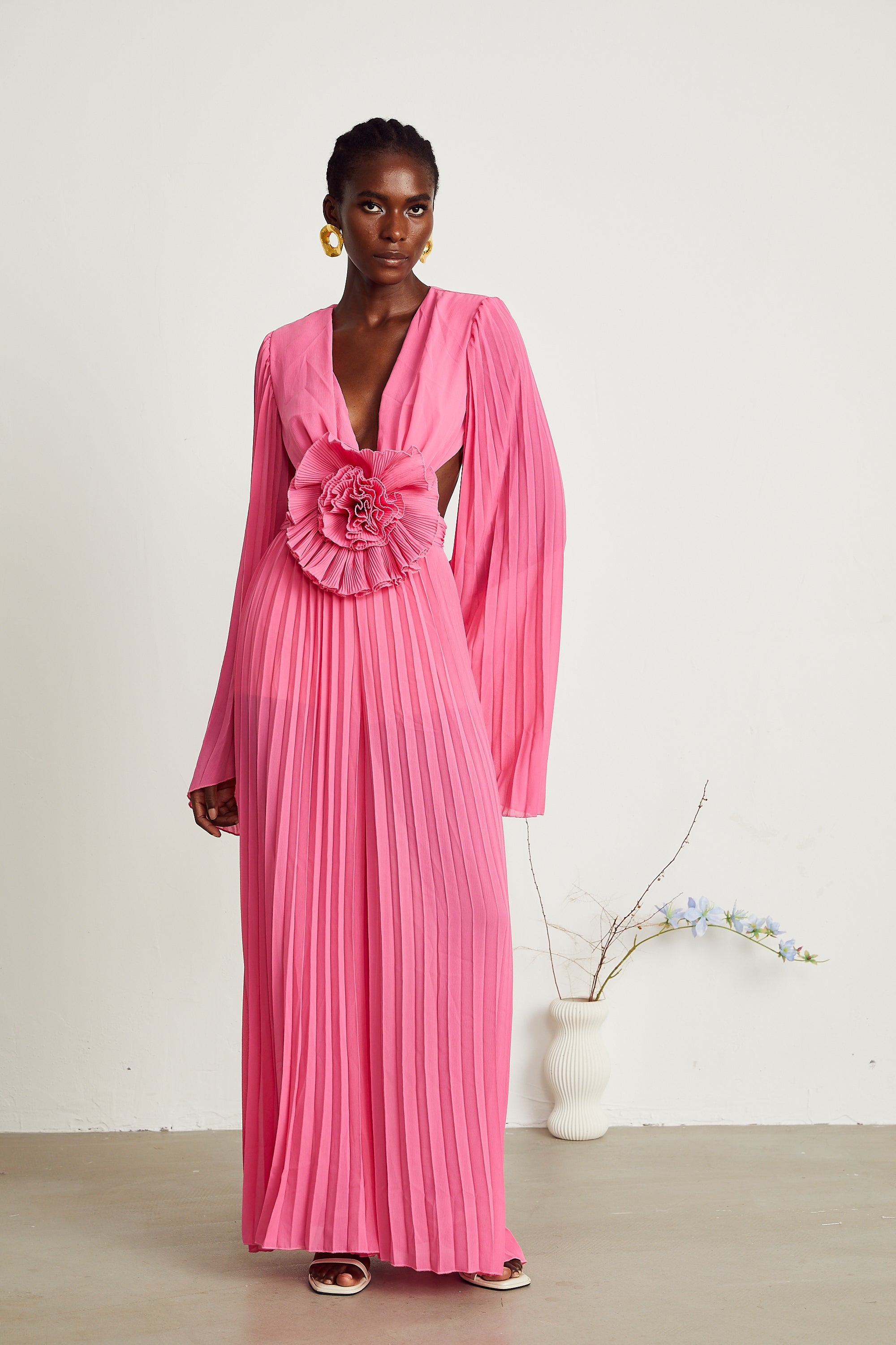 Léa pink faux-flower pleated maxi dress