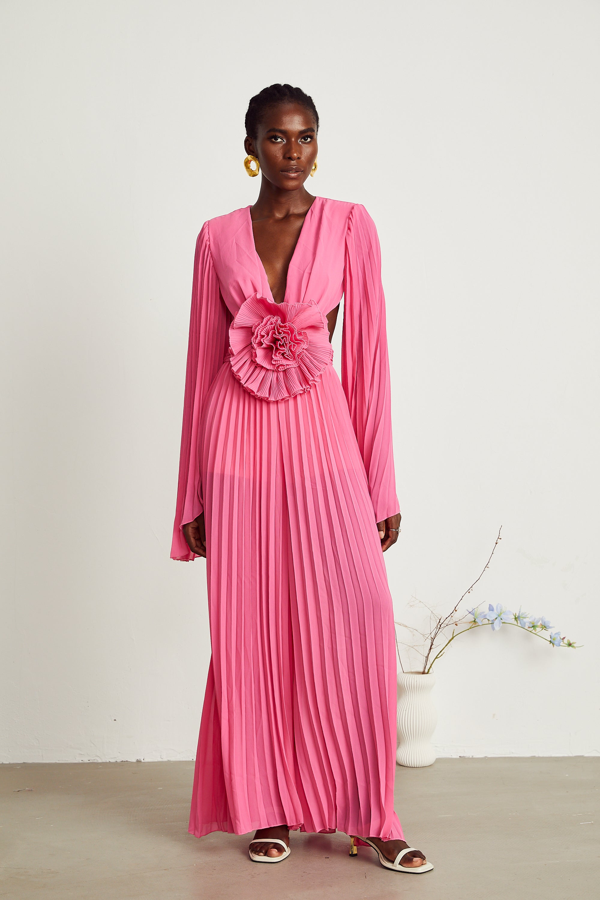 Léa pink faux-flower pleated maxi dress