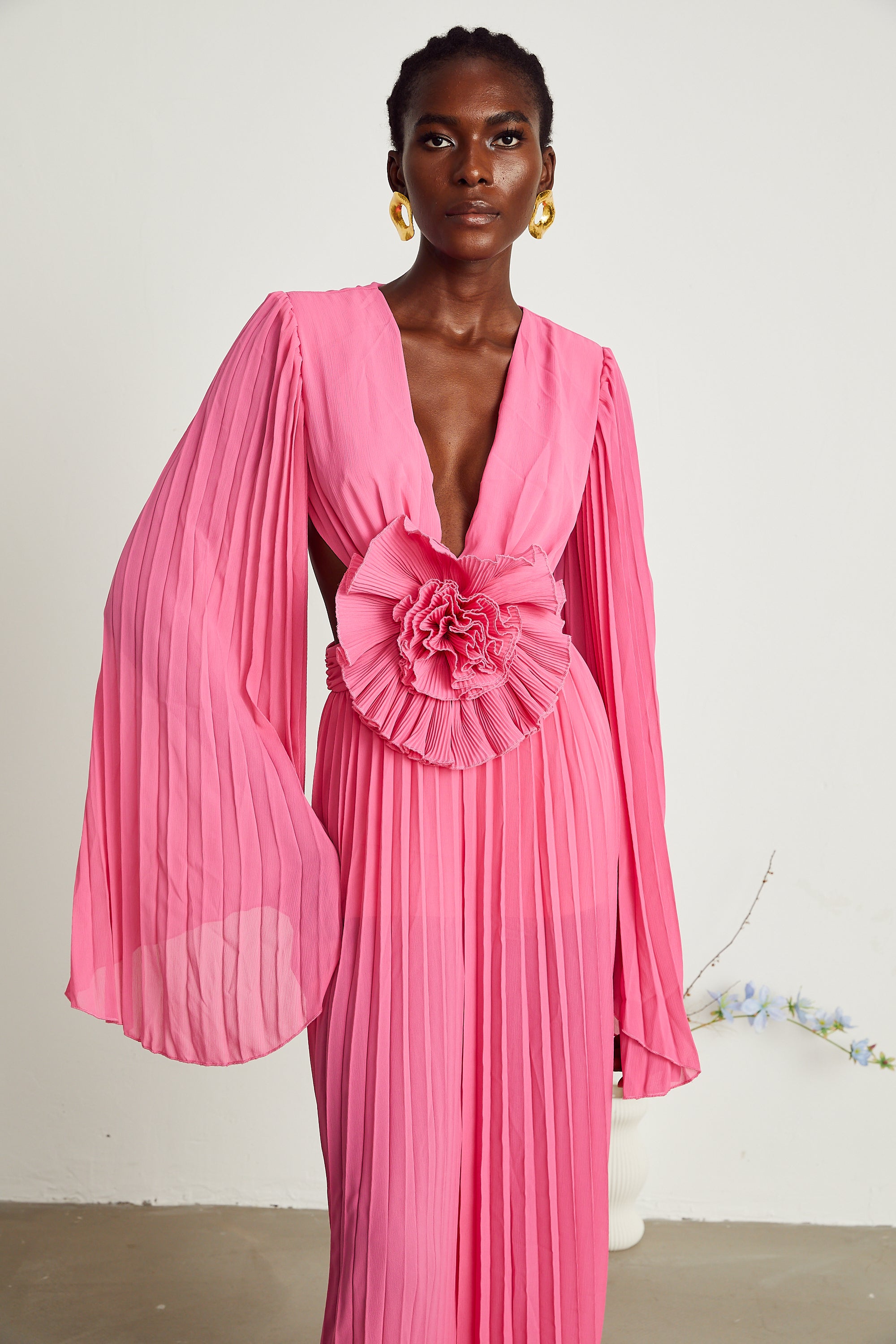 Léa pink faux-flower pleated maxi dress