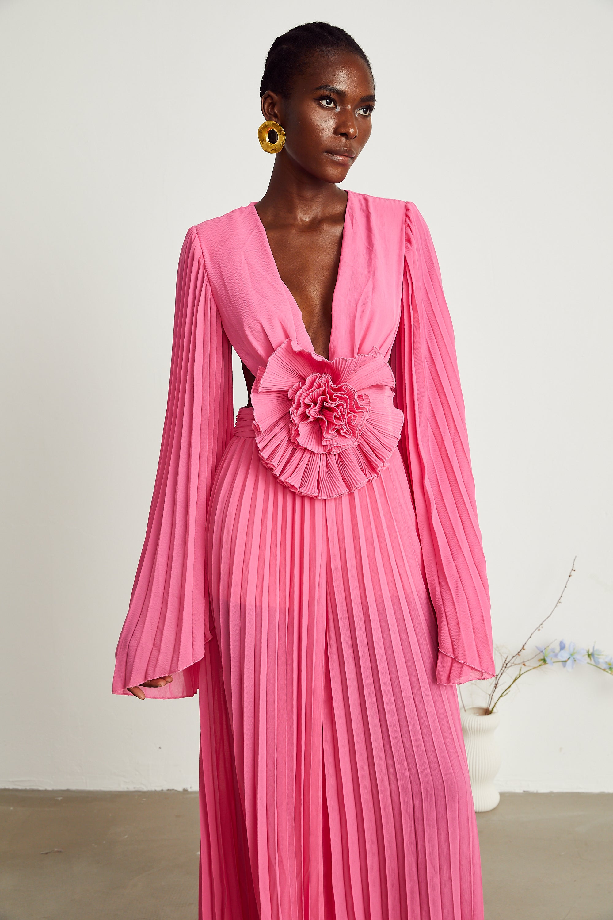 Léa pink faux-flower pleated maxi dress