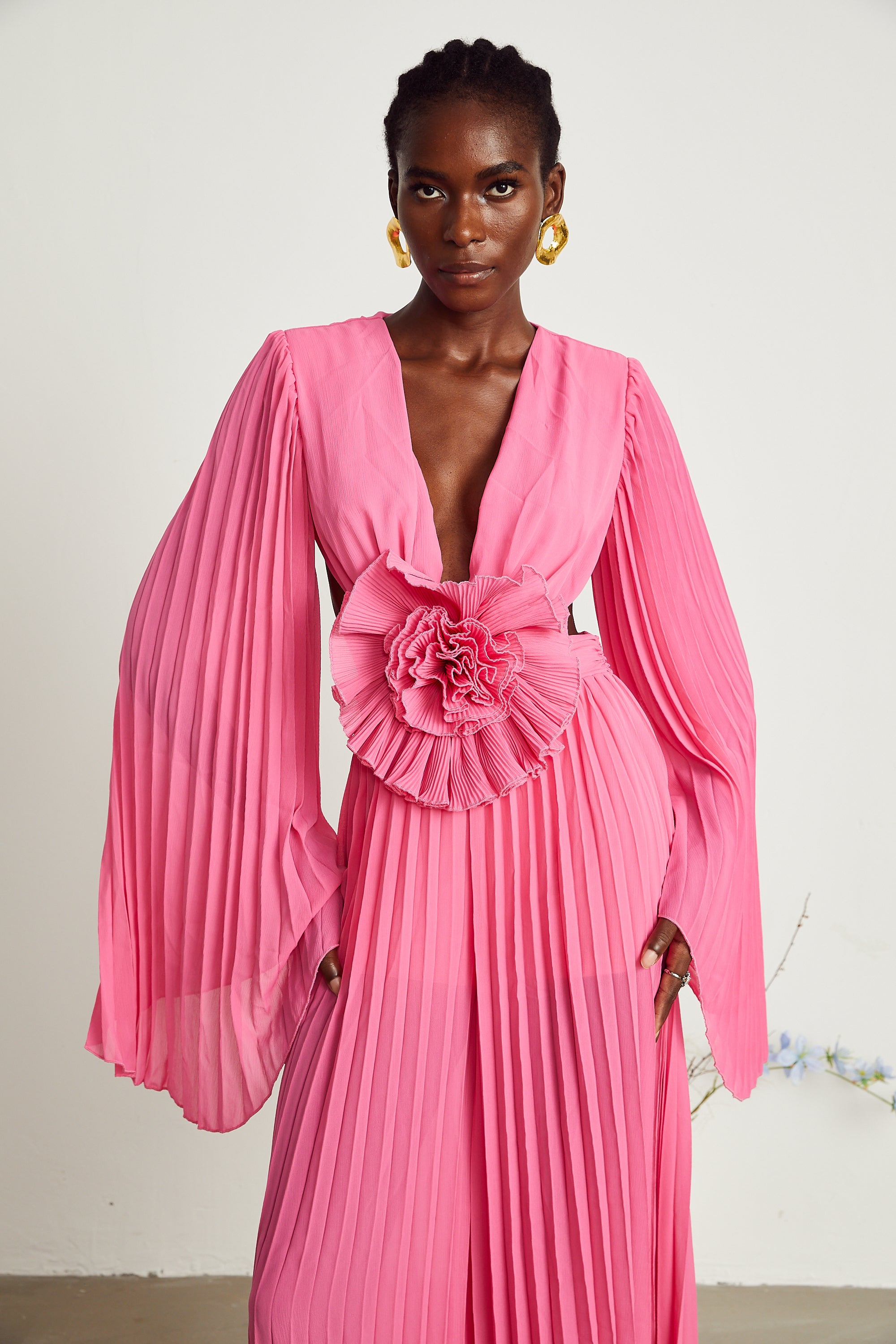 Léa pink faux-flower pleated maxi dress