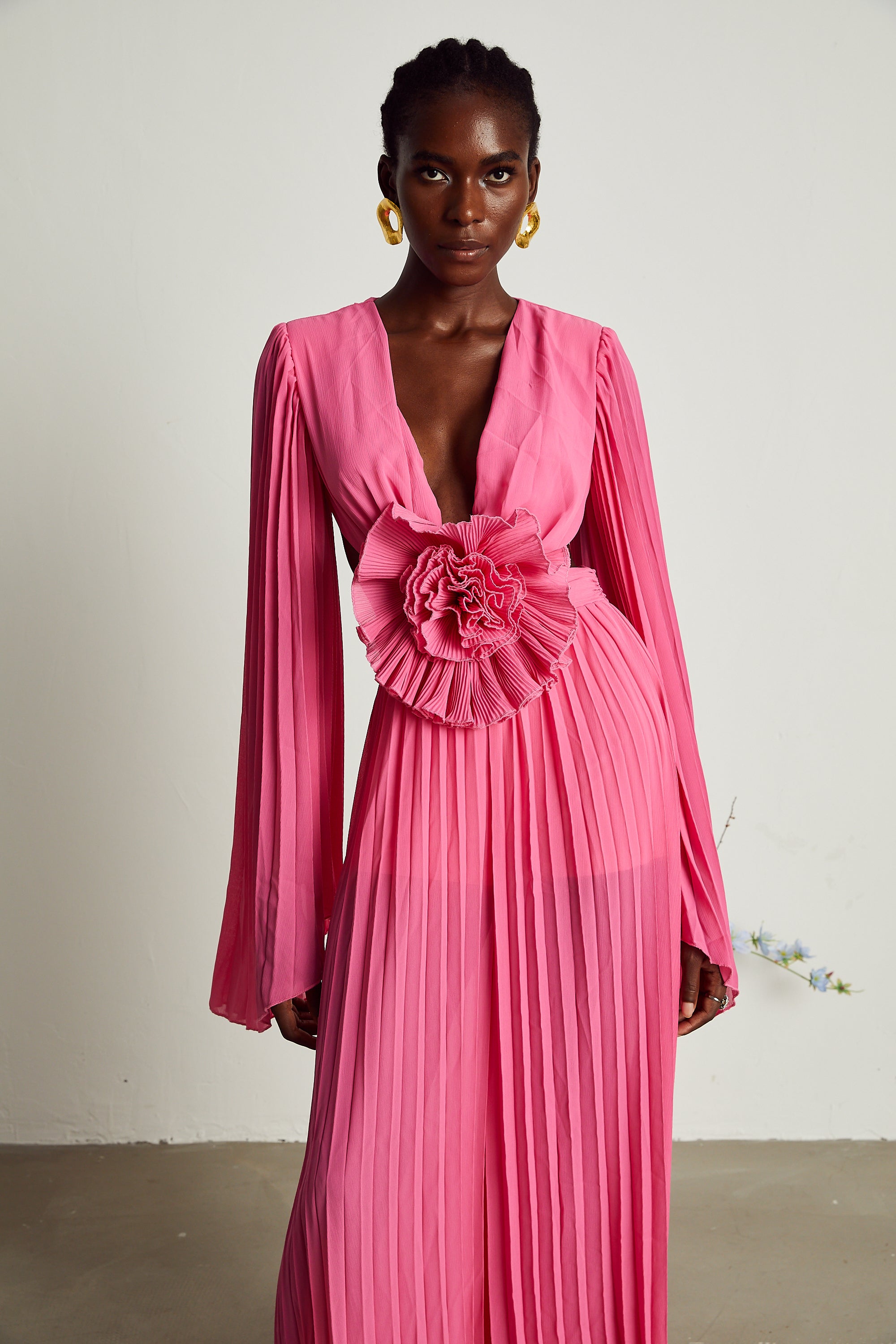 Léa pink faux-flower pleated maxi dress