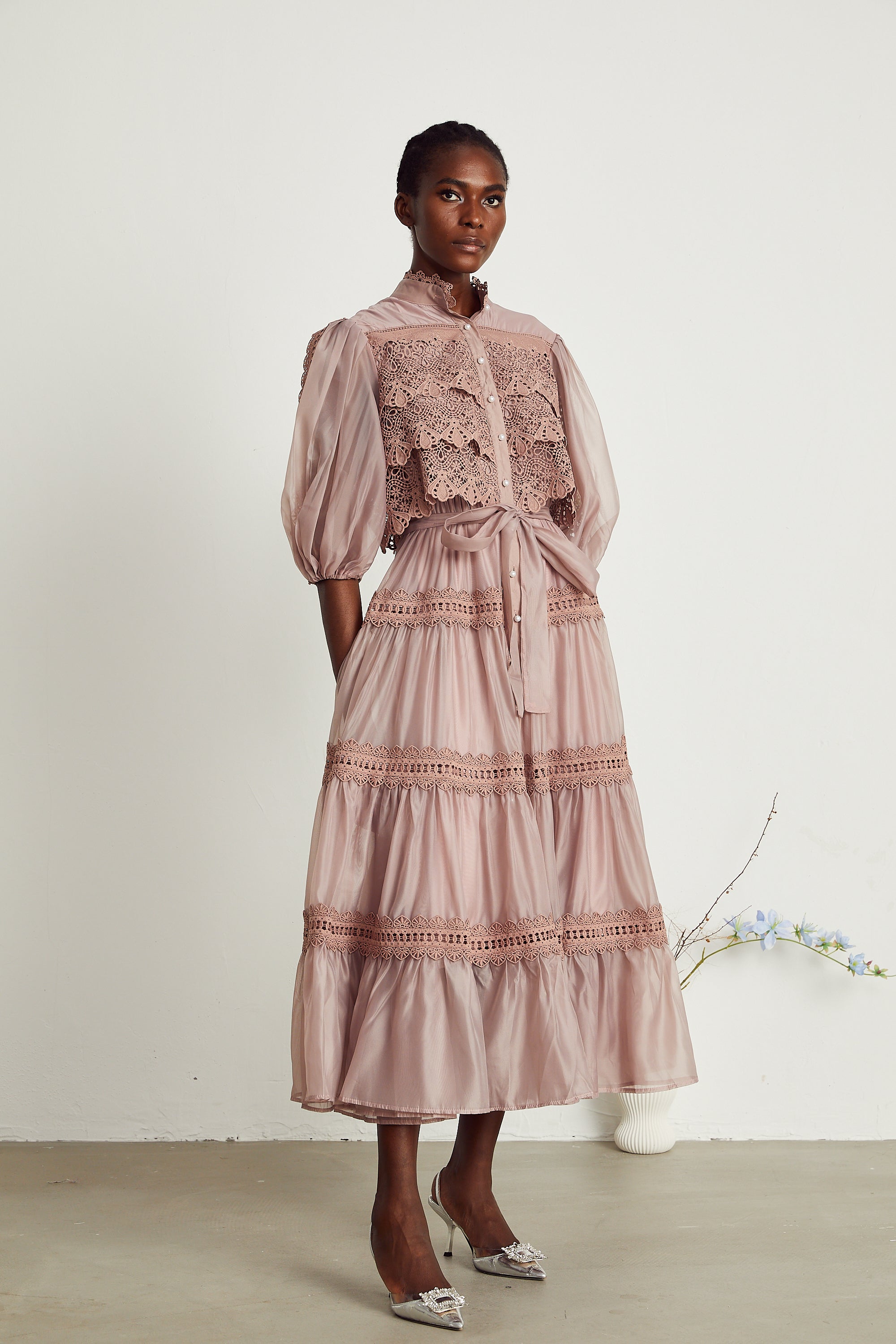 Inès lace cut-out tiered midi dress