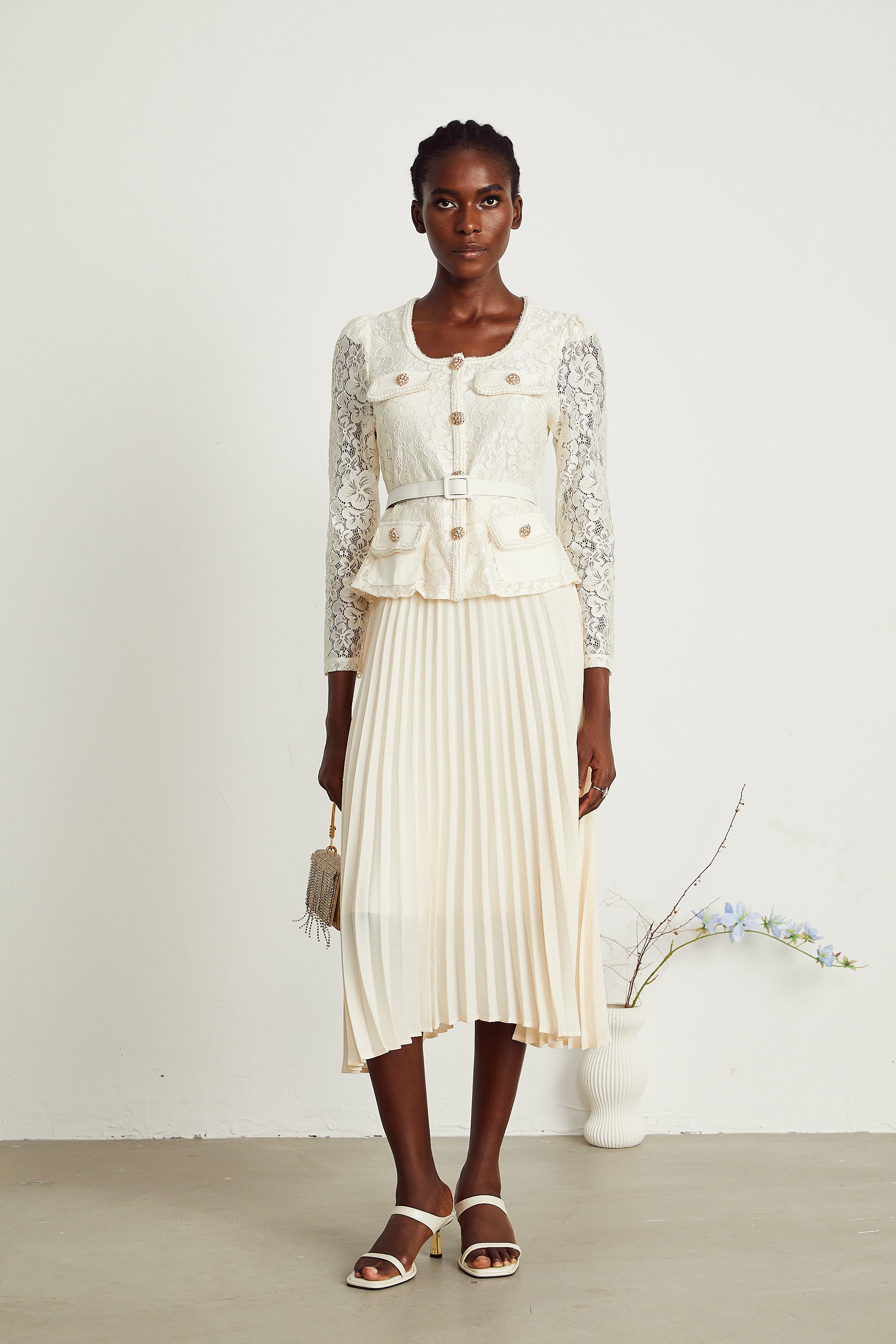 Isabelle tweed floral-lace embroidered midi dress