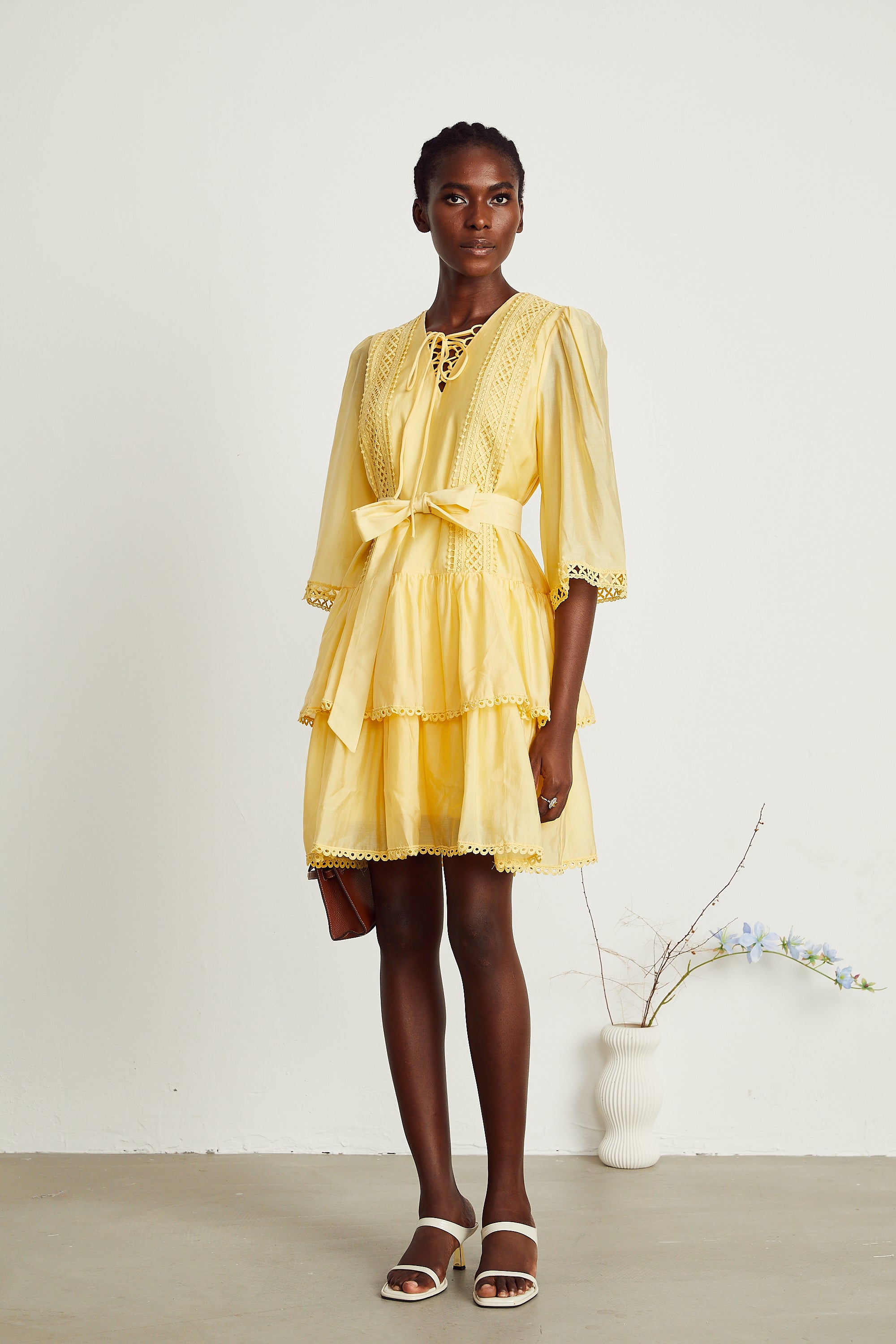 Karine yellow lace-trim tiered mini dress