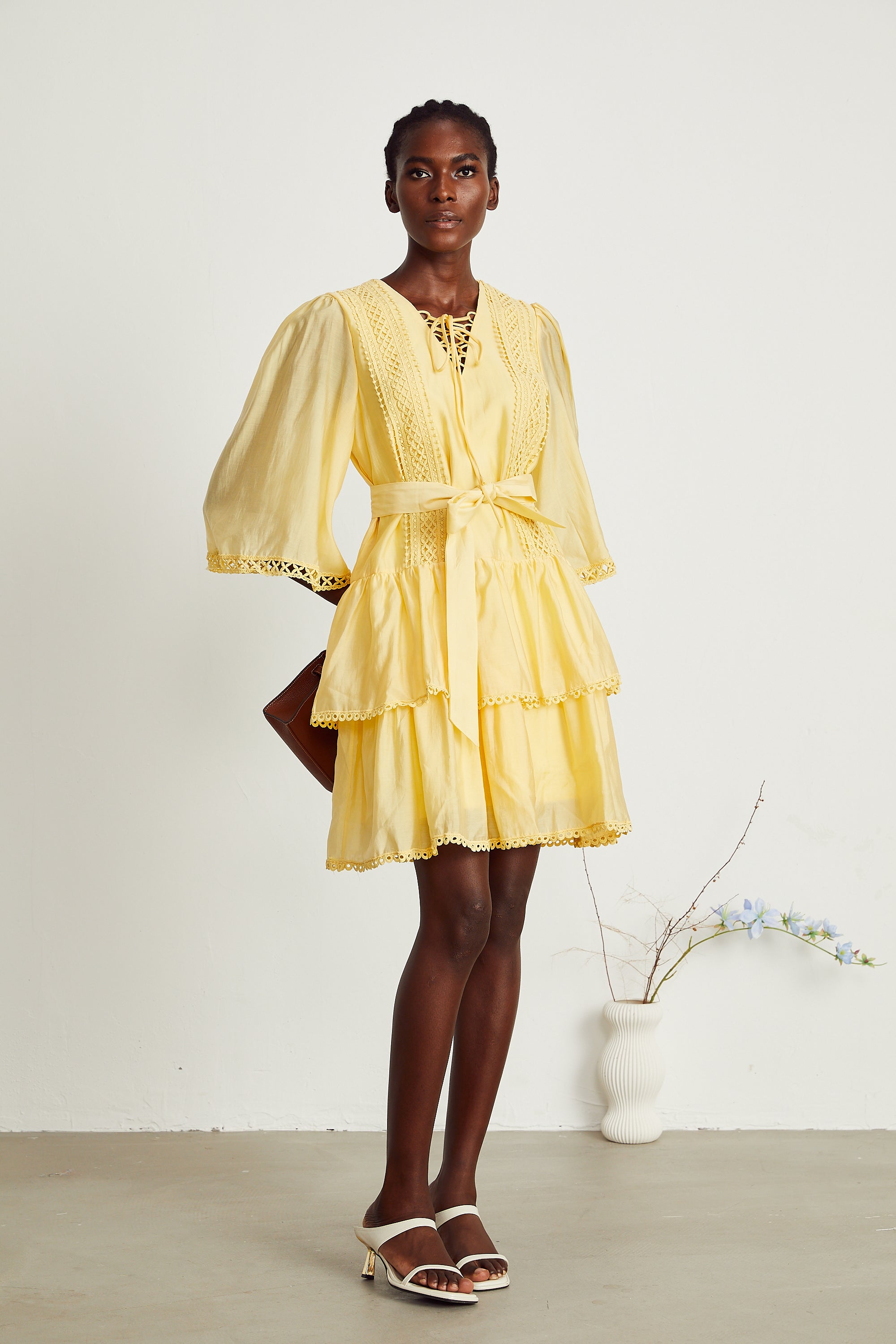 Karine yellow lace-trim tiered mini dress