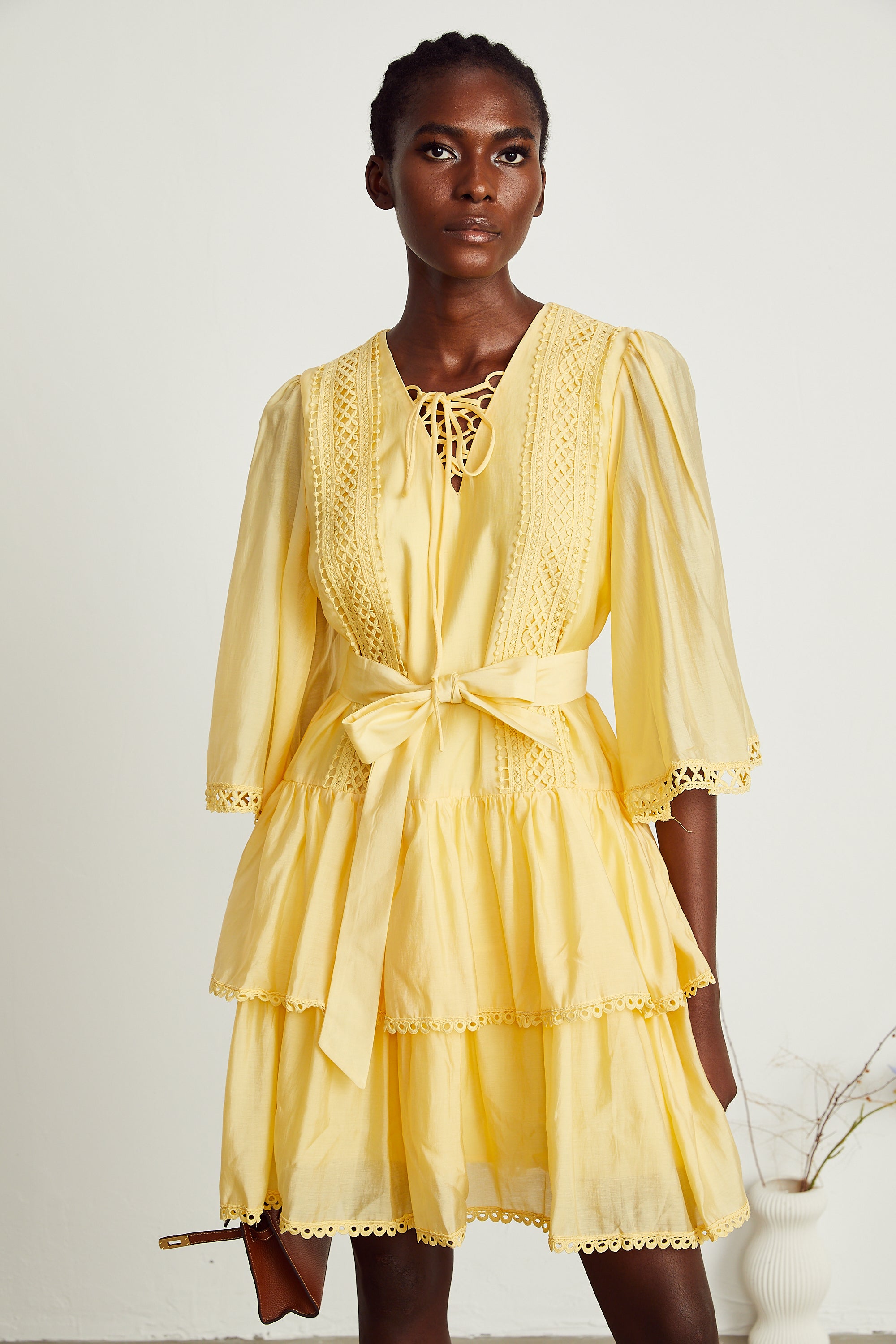 Karine yellow lace-trim tiered mini dress