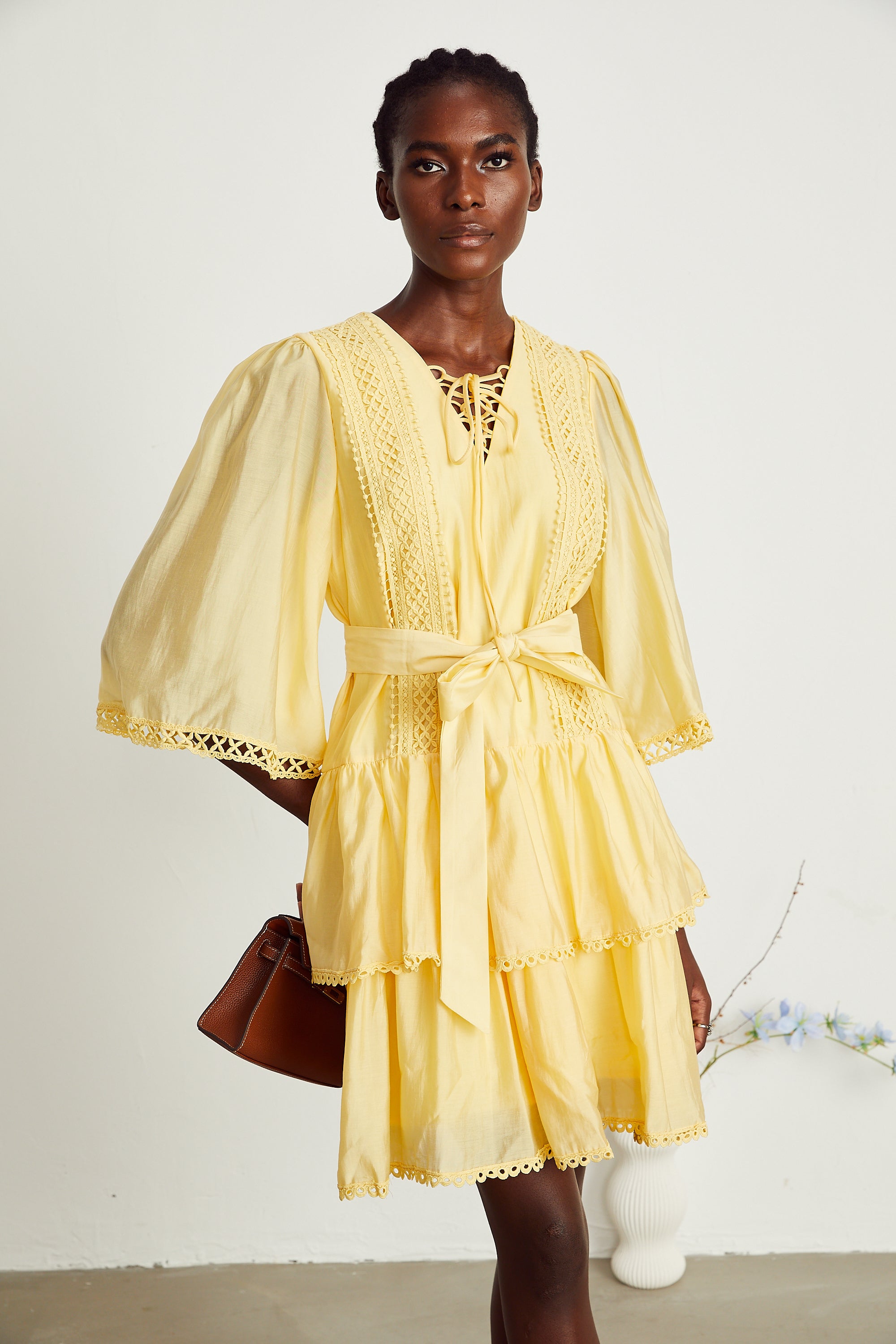 Karine yellow lace-trim tiered mini dress