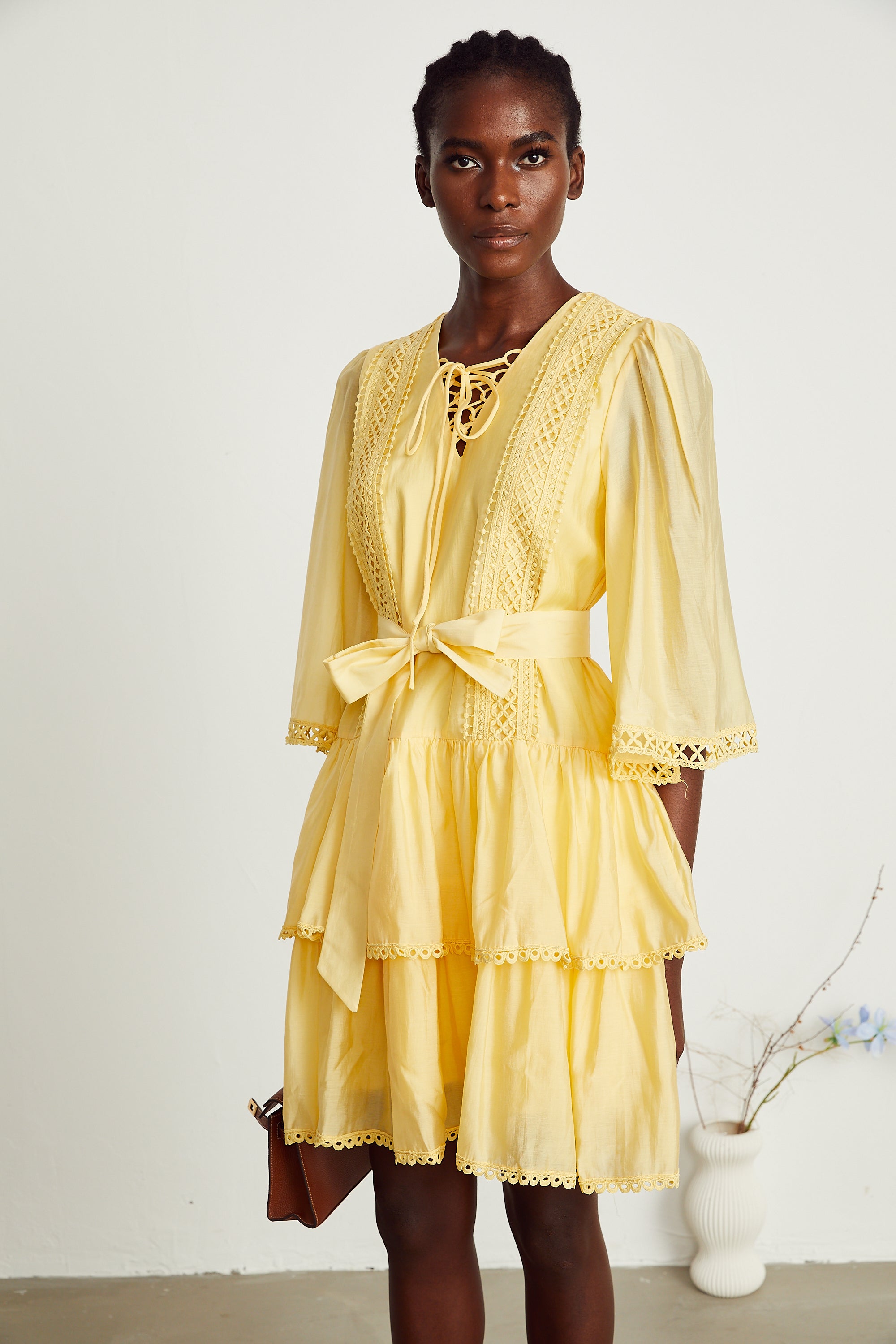 Karine yellow lace-trim tiered mini dress