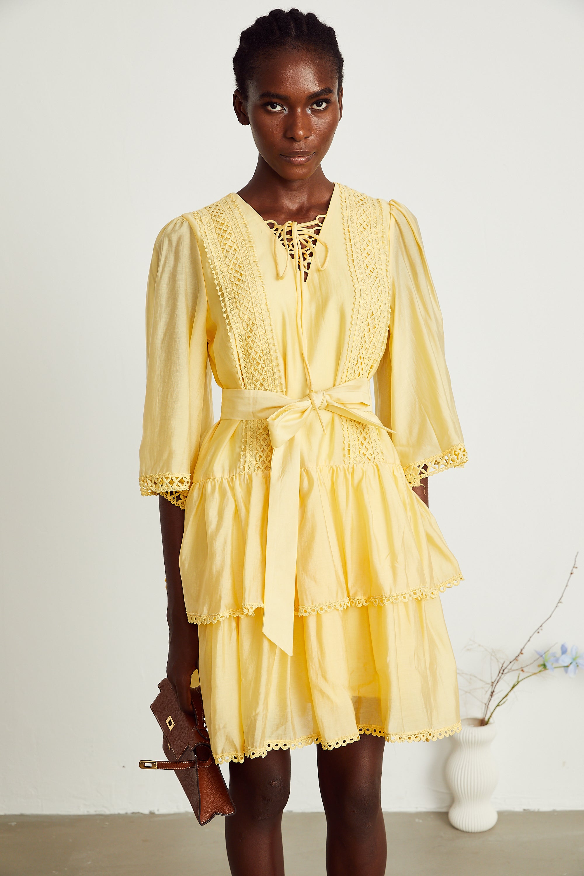 Karine yellow lace-trim tiered mini dress