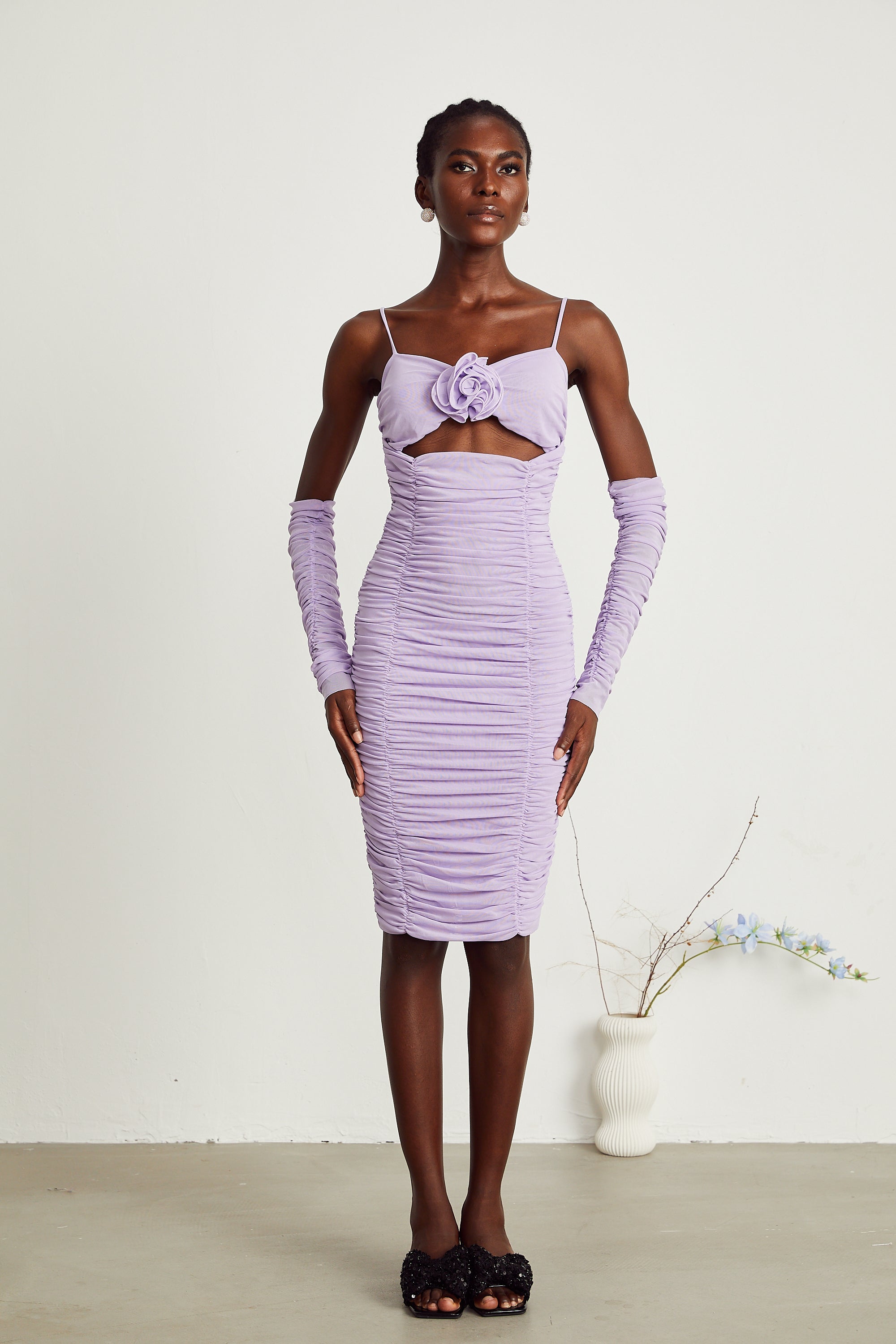 Annabelle purple faux-flower ruched midi dress