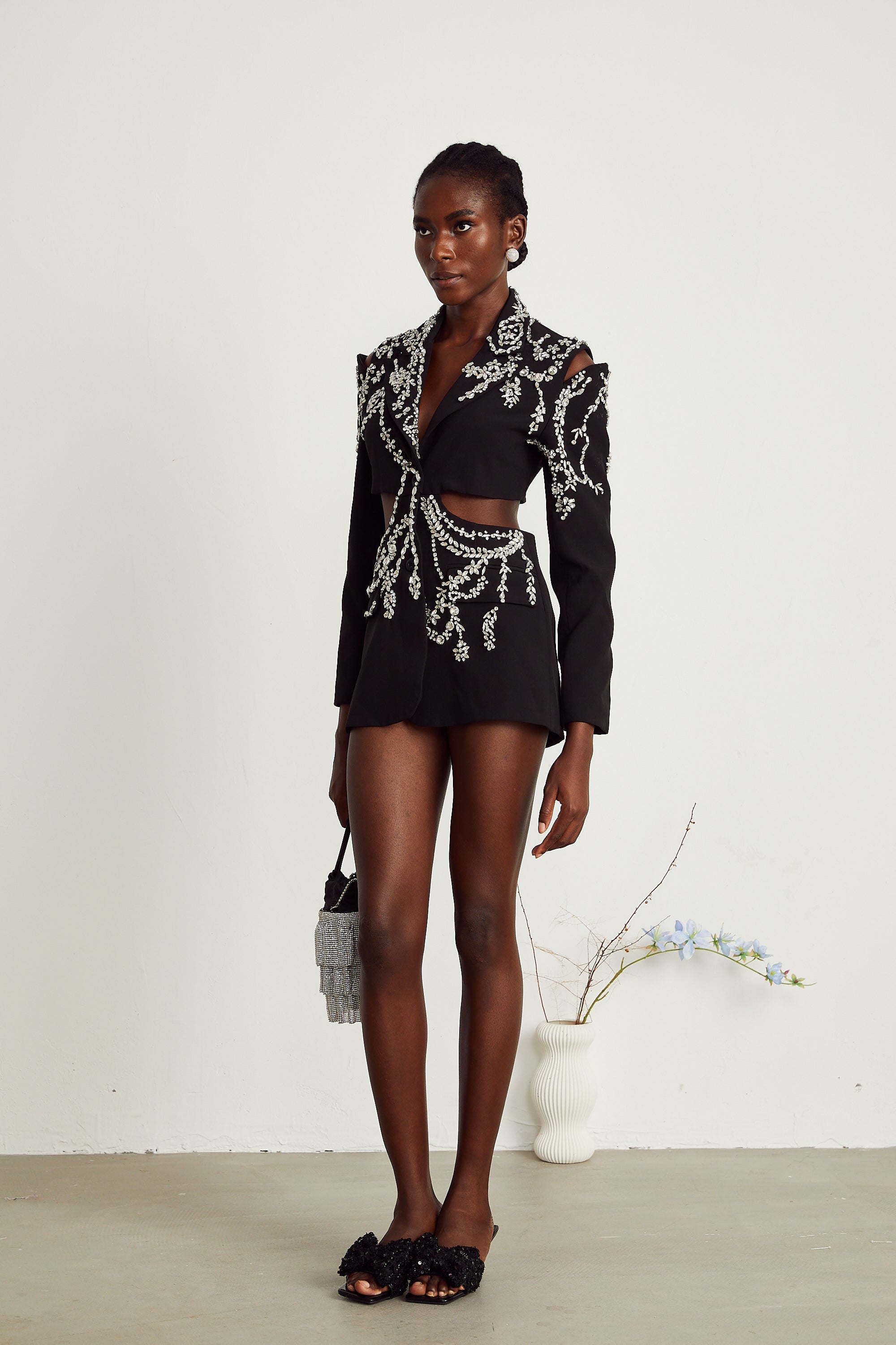 Audrey black crystal-embellished cut-out jacket dress