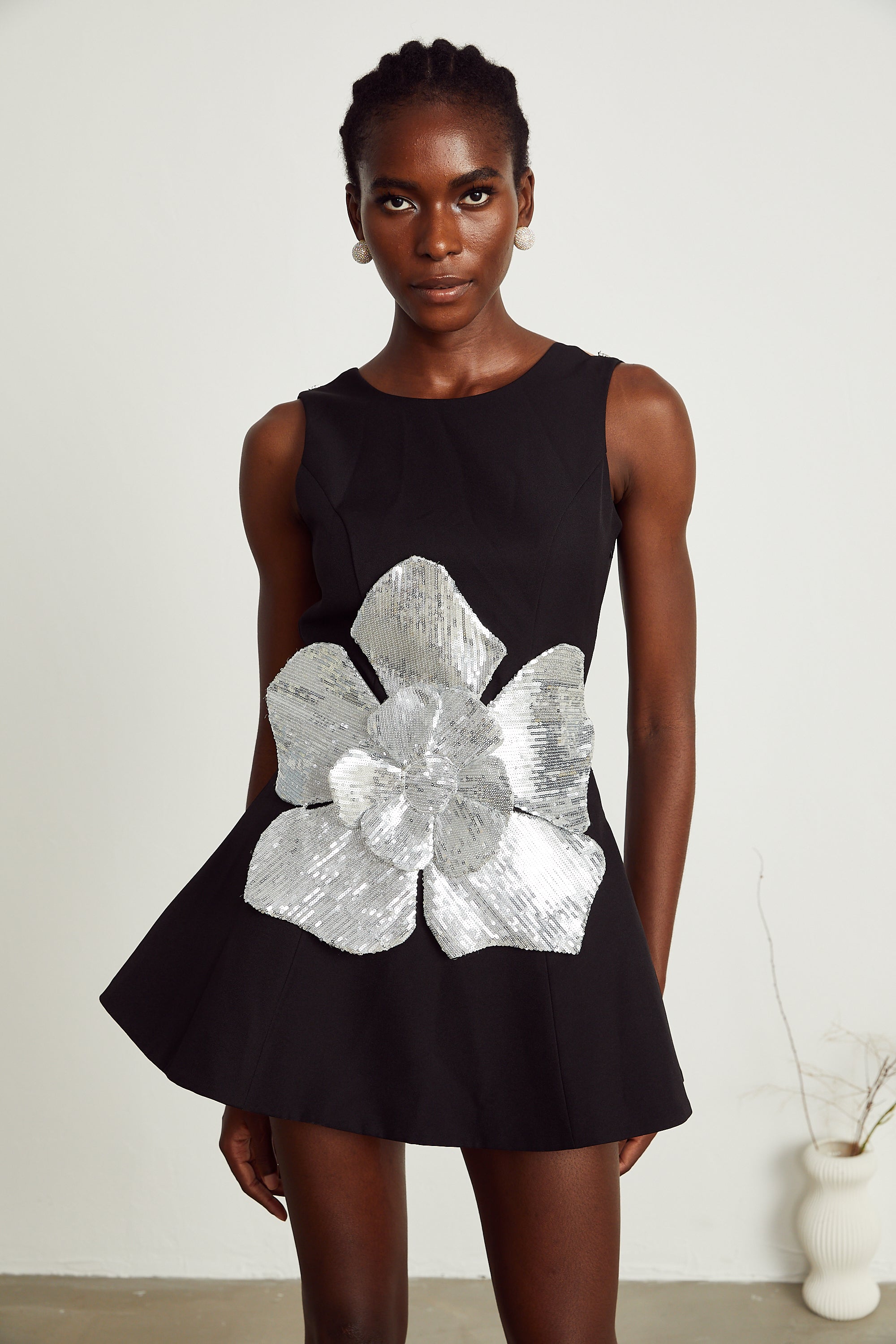 Maëlys black floral-appliqué sleeveless mini dress