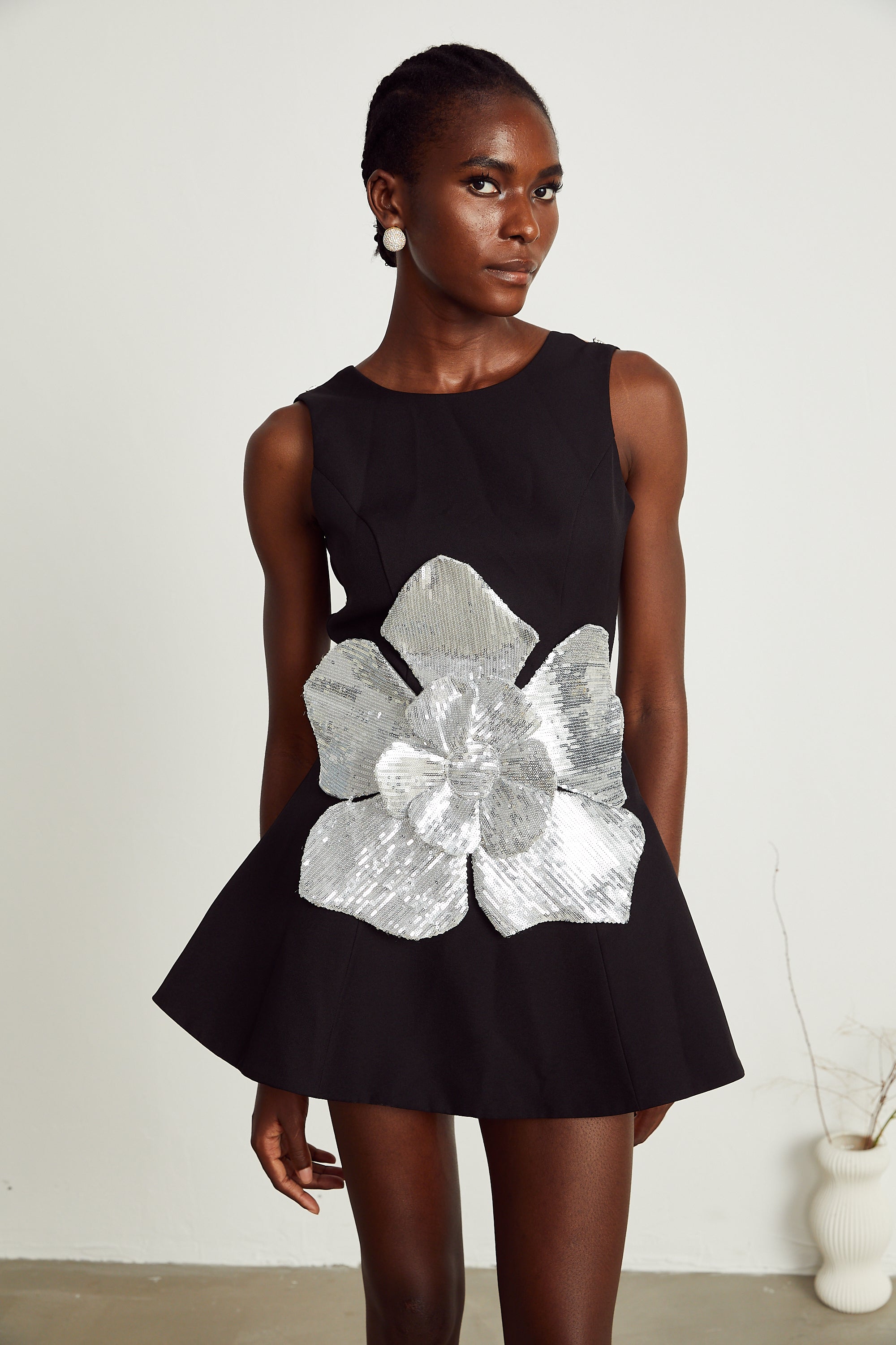 Maëlys black floral-appliqué sleeveless mini dress