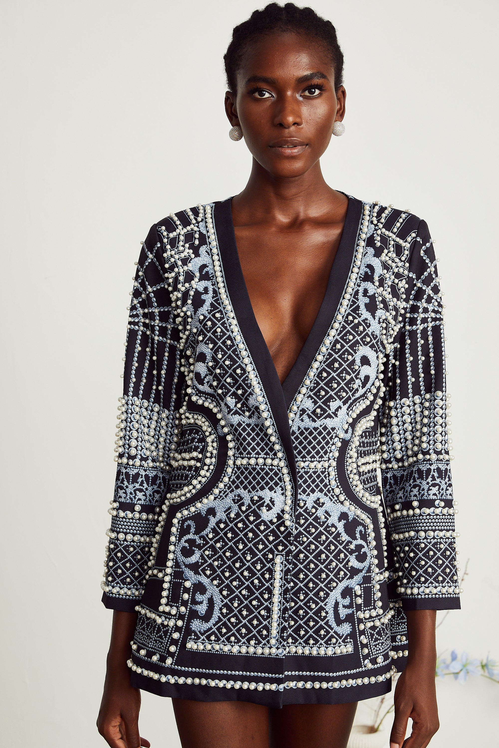 Catherine pattern-print V-neck blazer dress