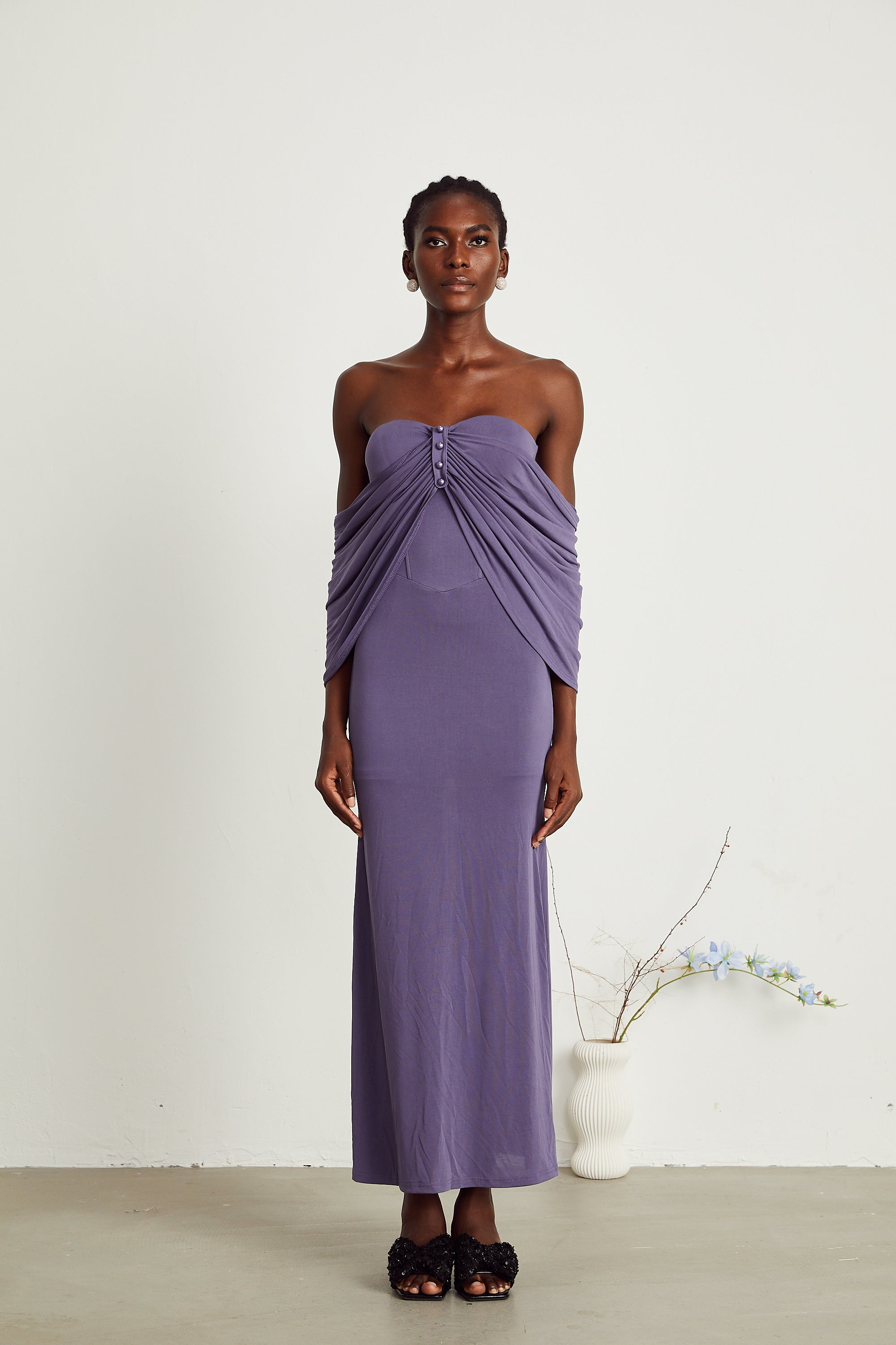 Delphine purple ruched midi dress