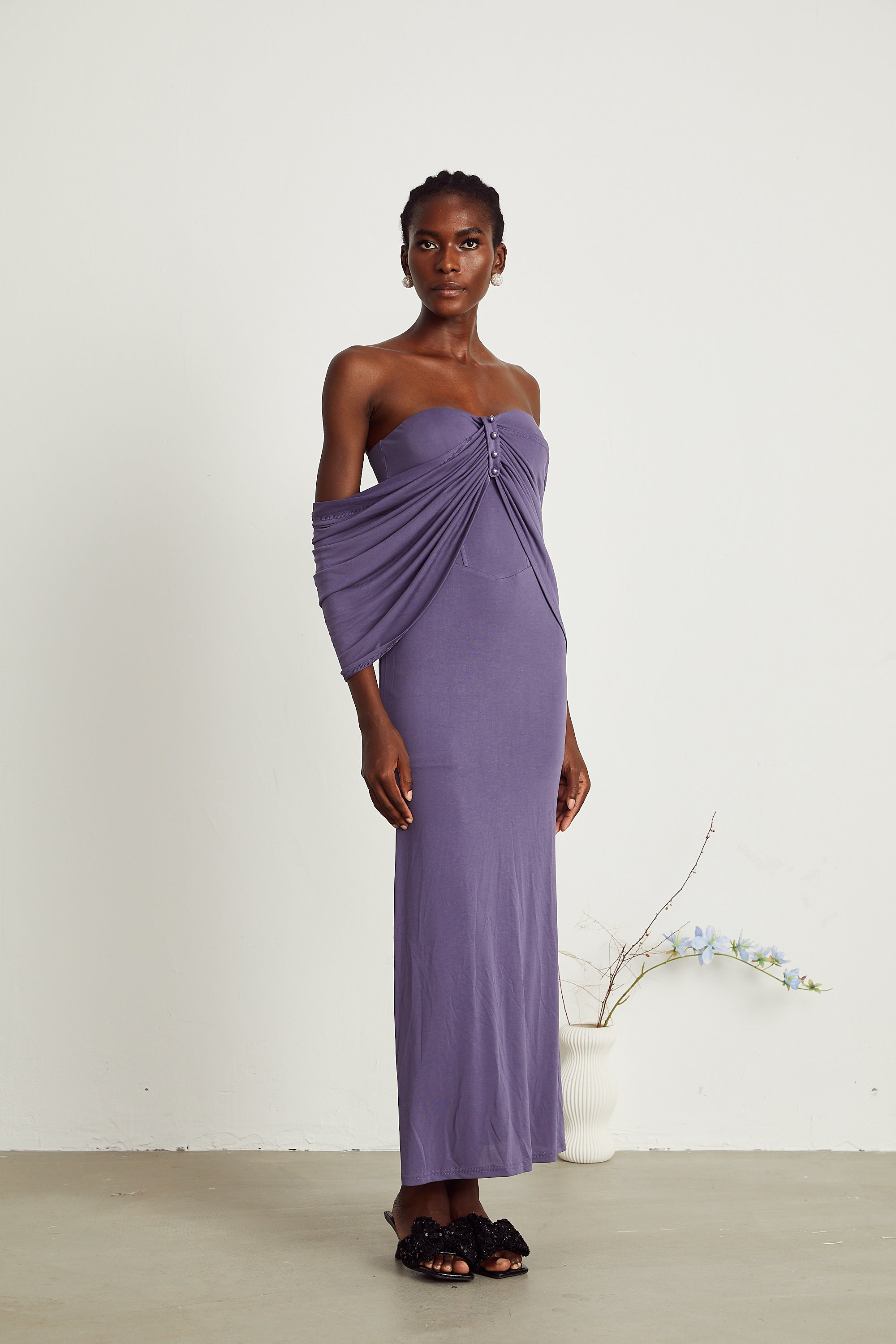 Delphine purple ruched midi dress