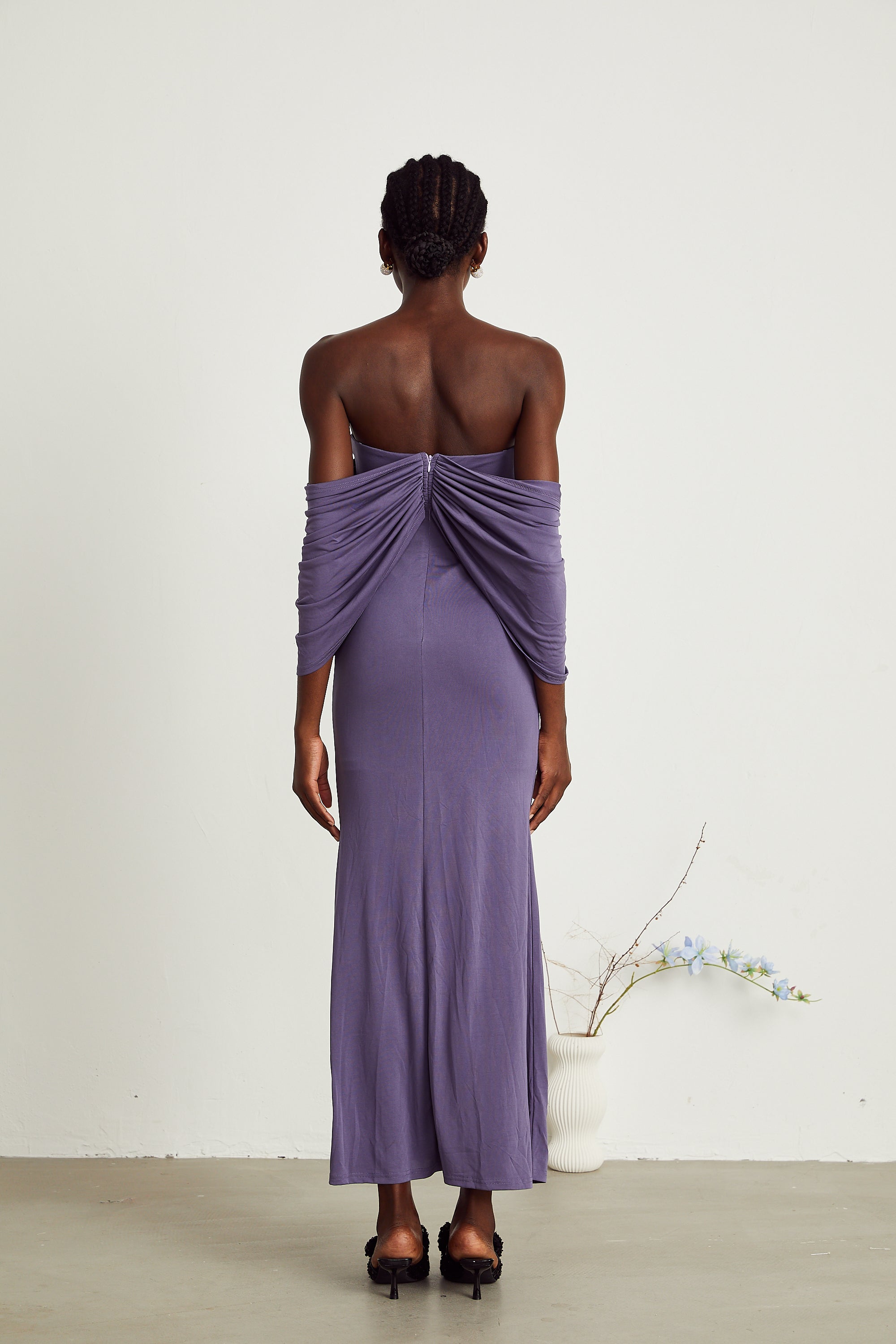 Delphine purple ruched midi dress