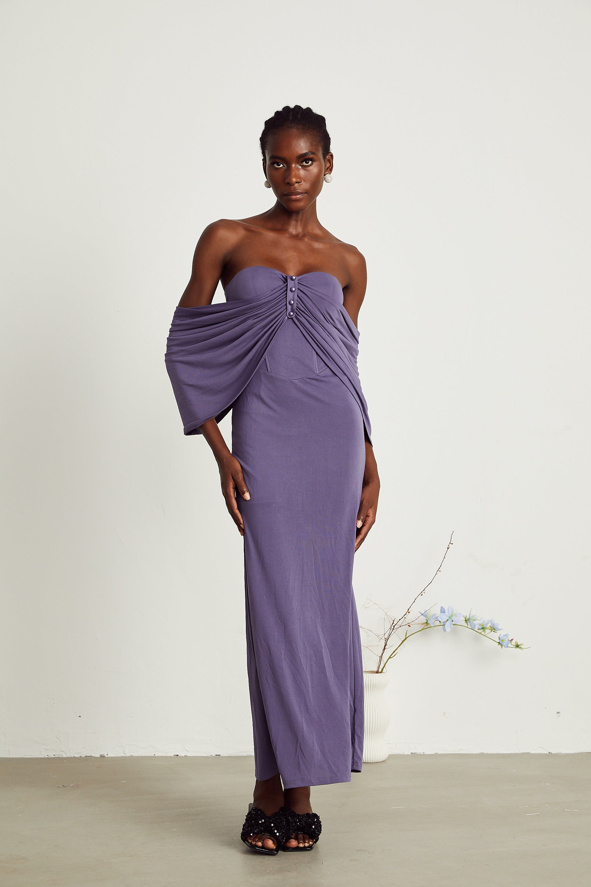 Delphine purple ruched midi dress