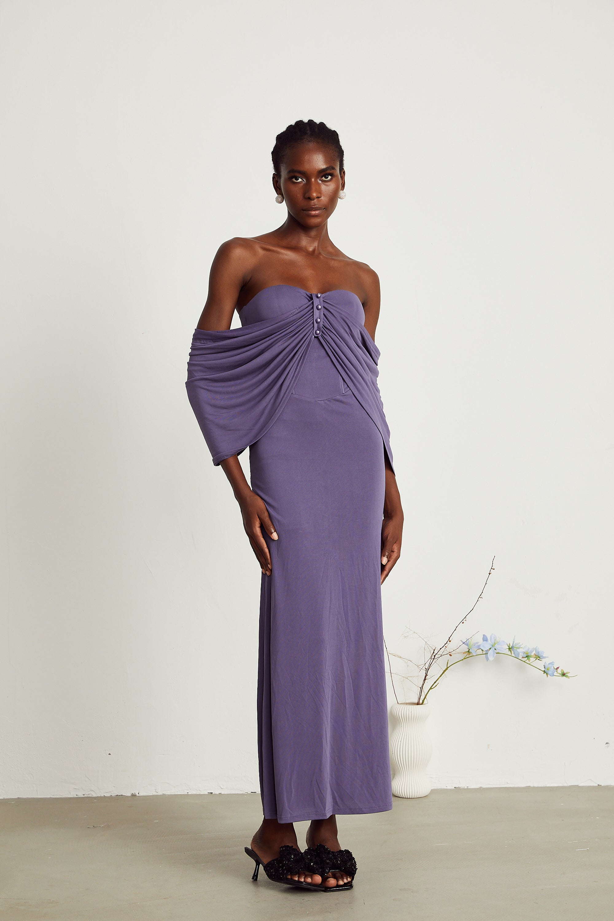 Delphine purple ruched midi dress